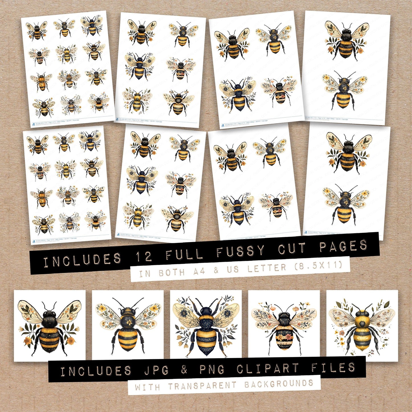 Full collection view of Folk Bee with Flowers fussy cut sheets with bonus clipart JPG and PNG files
