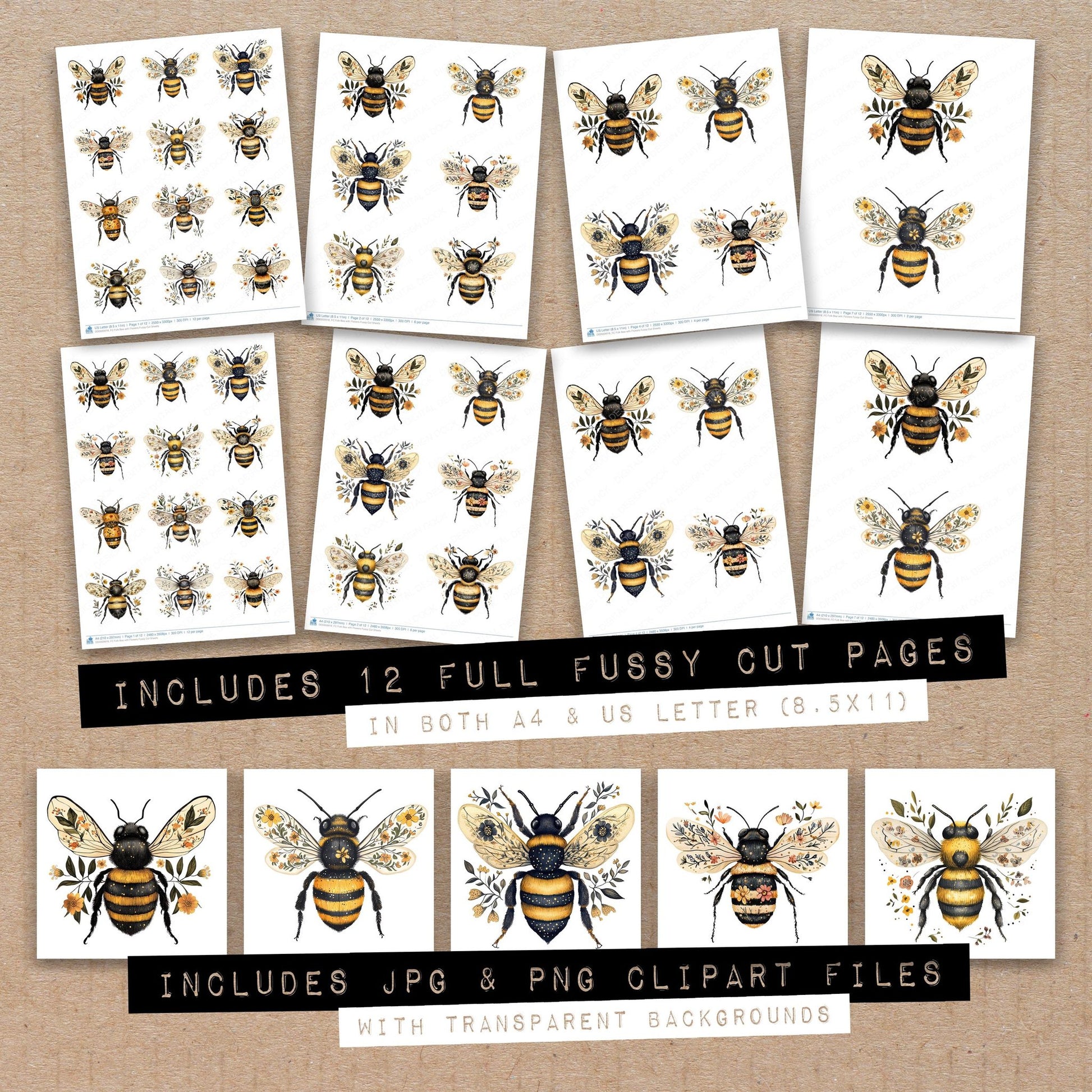 Full collection view of Folk Bee with Flowers fussy cut sheets with bonus clipart JPG and PNG files