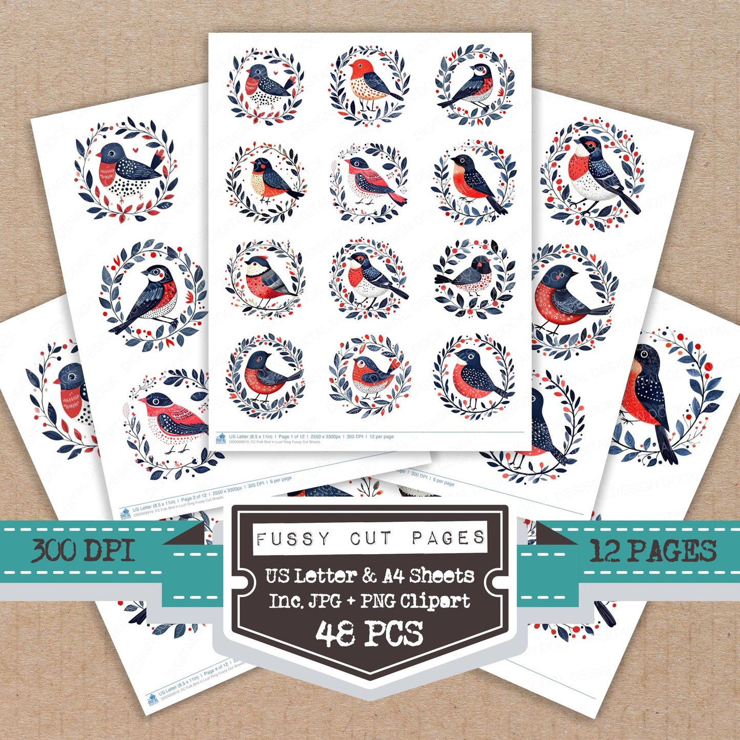 Folk Bird in Leaf Ring fussy cut printable sheets for junk journaling, scrapbooking, and paper craft projects