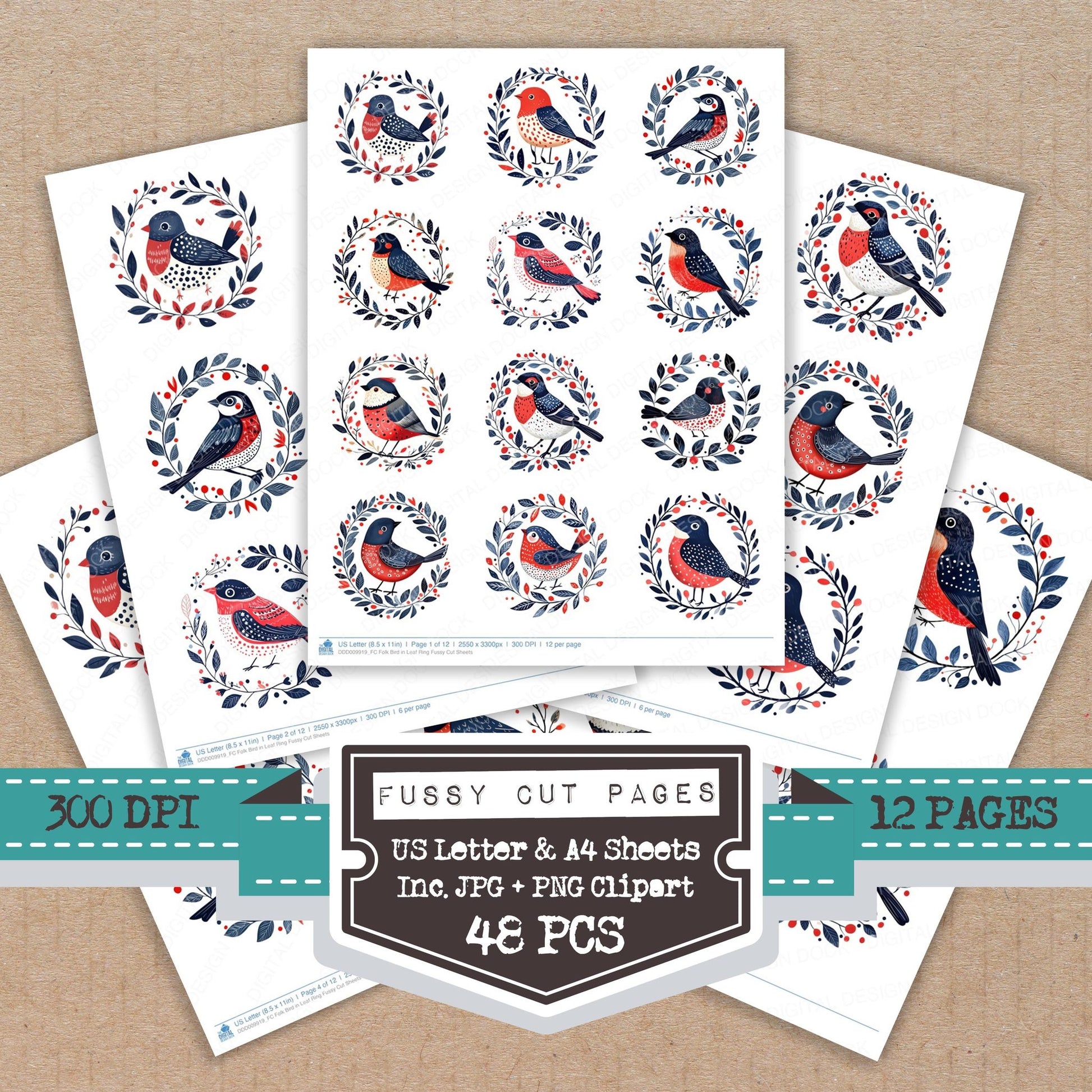 Folk Bird in Leaf Ring fussy cut printable sheets for junk journaling, scrapbooking, and paper craft projects