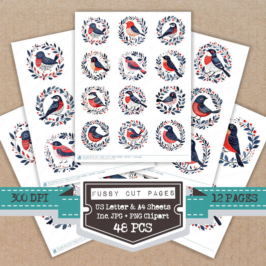 Folk Bird in Leaf Ring fussy cut printable sheets for junk journaling, scrapbooking, and paper craft projects