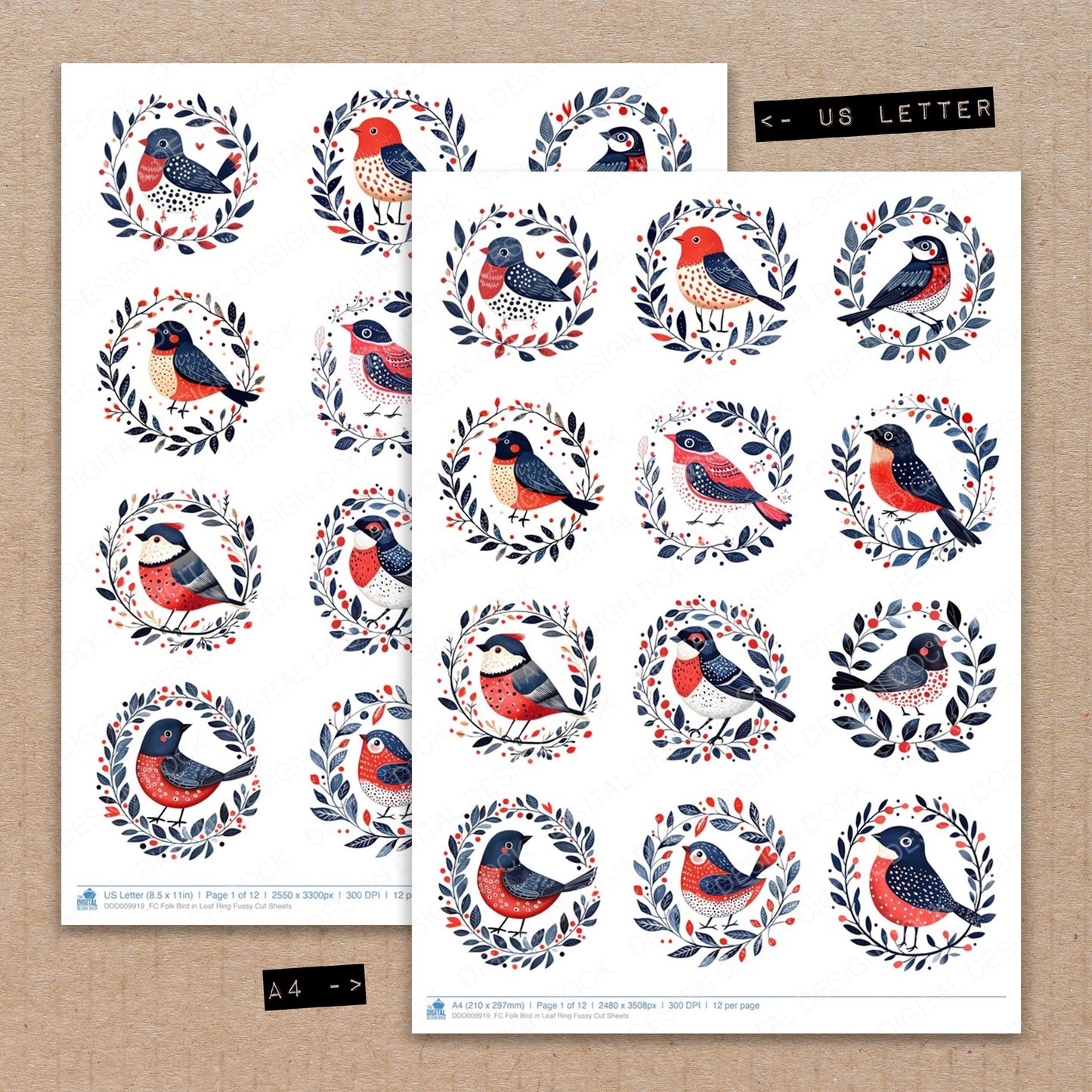 A4 and US Letter format comparison showing Folk Bird in Leaf Ring fussy cut pages for print and cut crafting