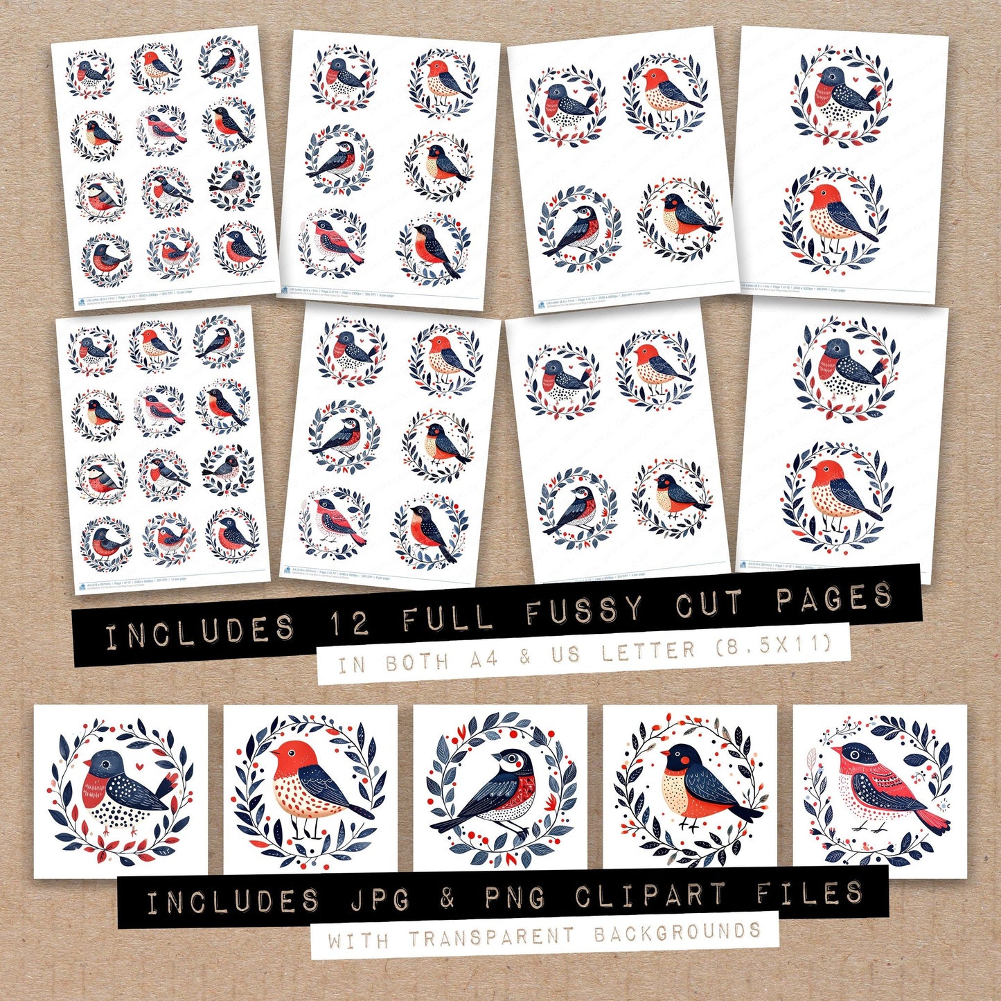 Full collection view of Folk Bird in Leaf Ring fussy cut sheets with bonus clipart JPG and PNG files