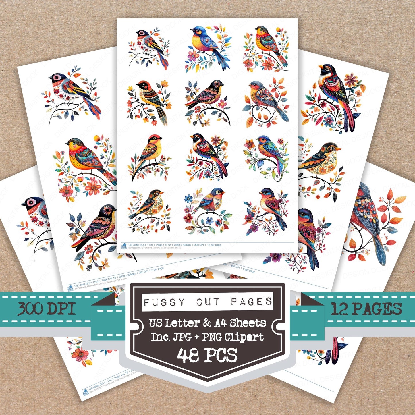 Folk Bird on Floral Vine fussy cut printable sheets for junk journaling, scrapbooking, and paper craft projects
