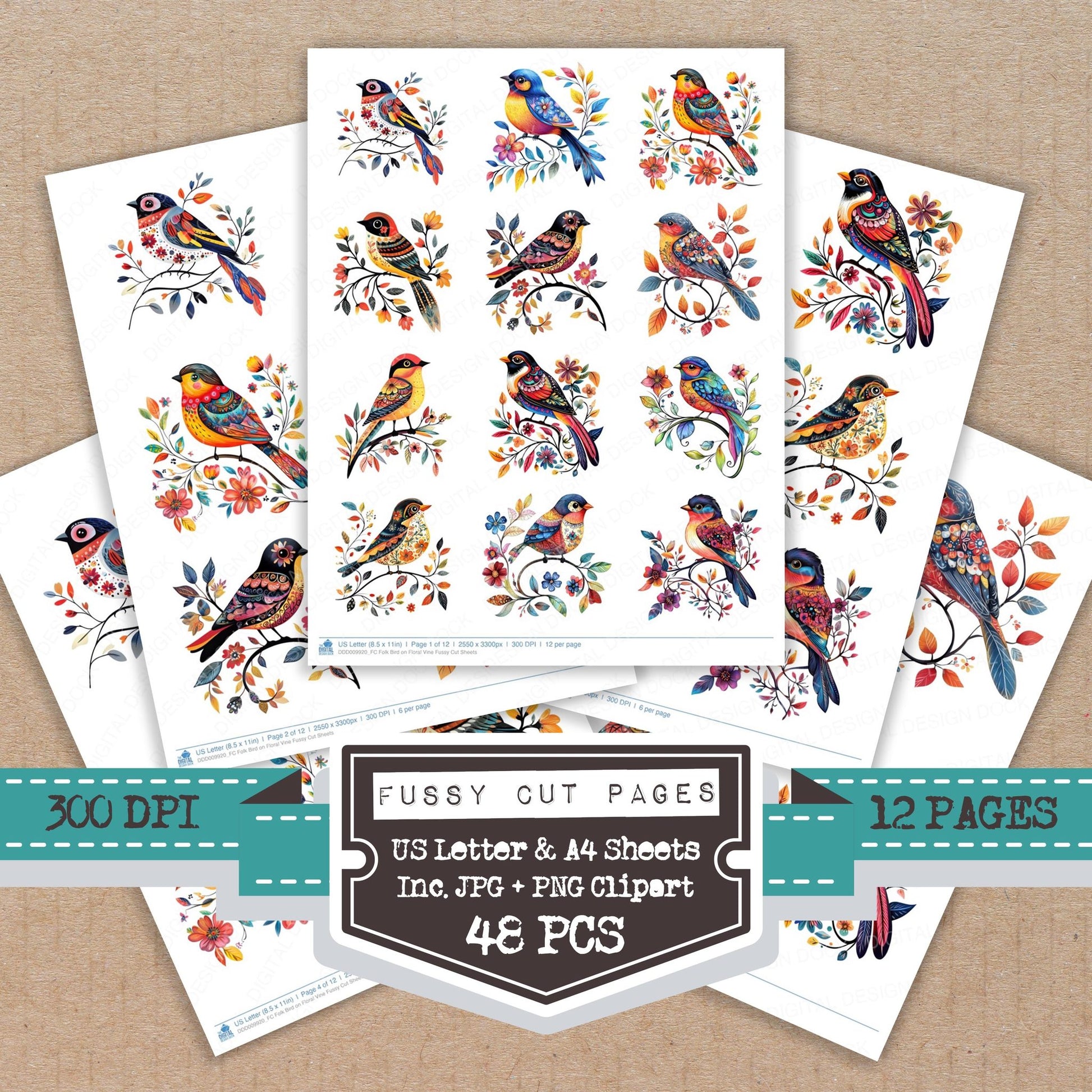Folk Bird on Floral Vine fussy cut printable sheets for junk journaling, scrapbooking, and paper craft projects