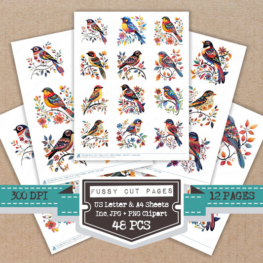 Folk Bird on Floral Vine fussy cut printable sheets for junk journaling, scrapbooking, and paper craft projects
