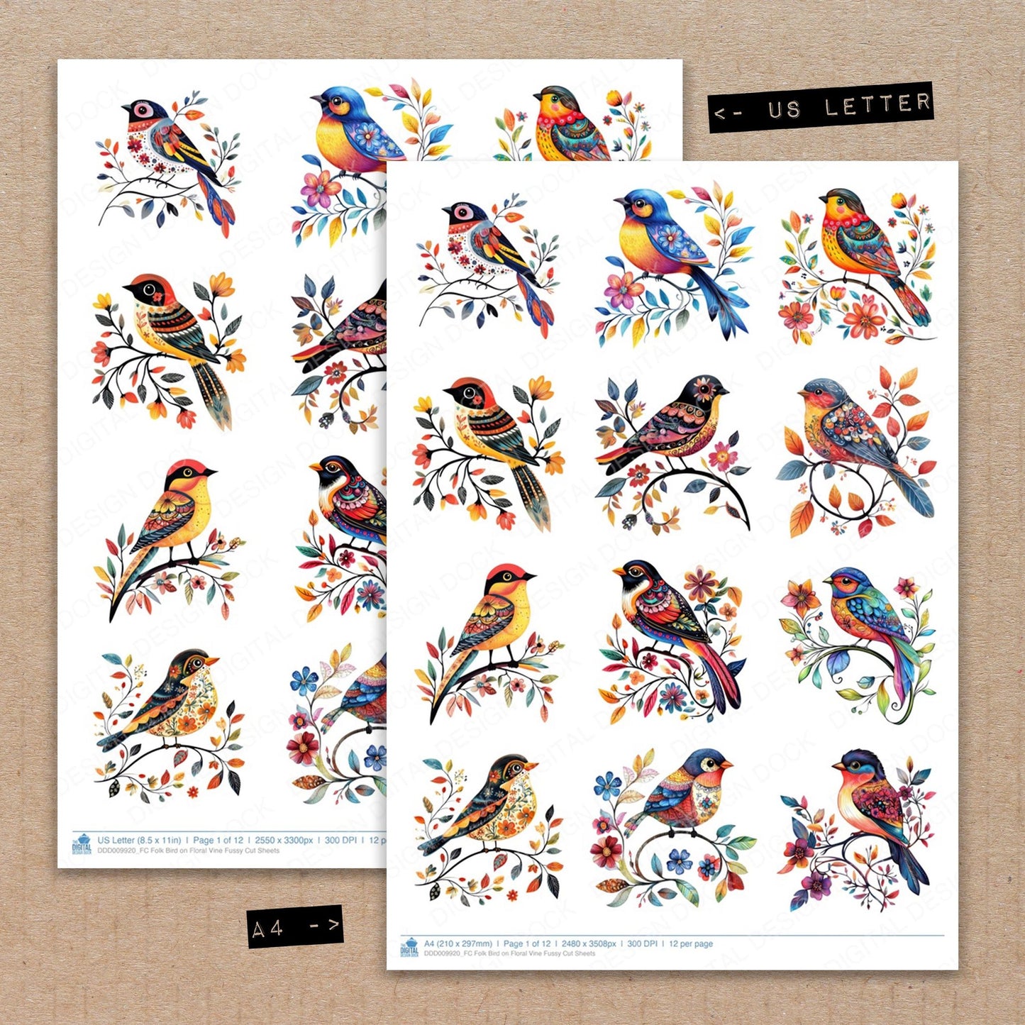 A4 and US Letter format comparison showing Folk Bird on Floral Vine fussy cut pages for print and cut crafting