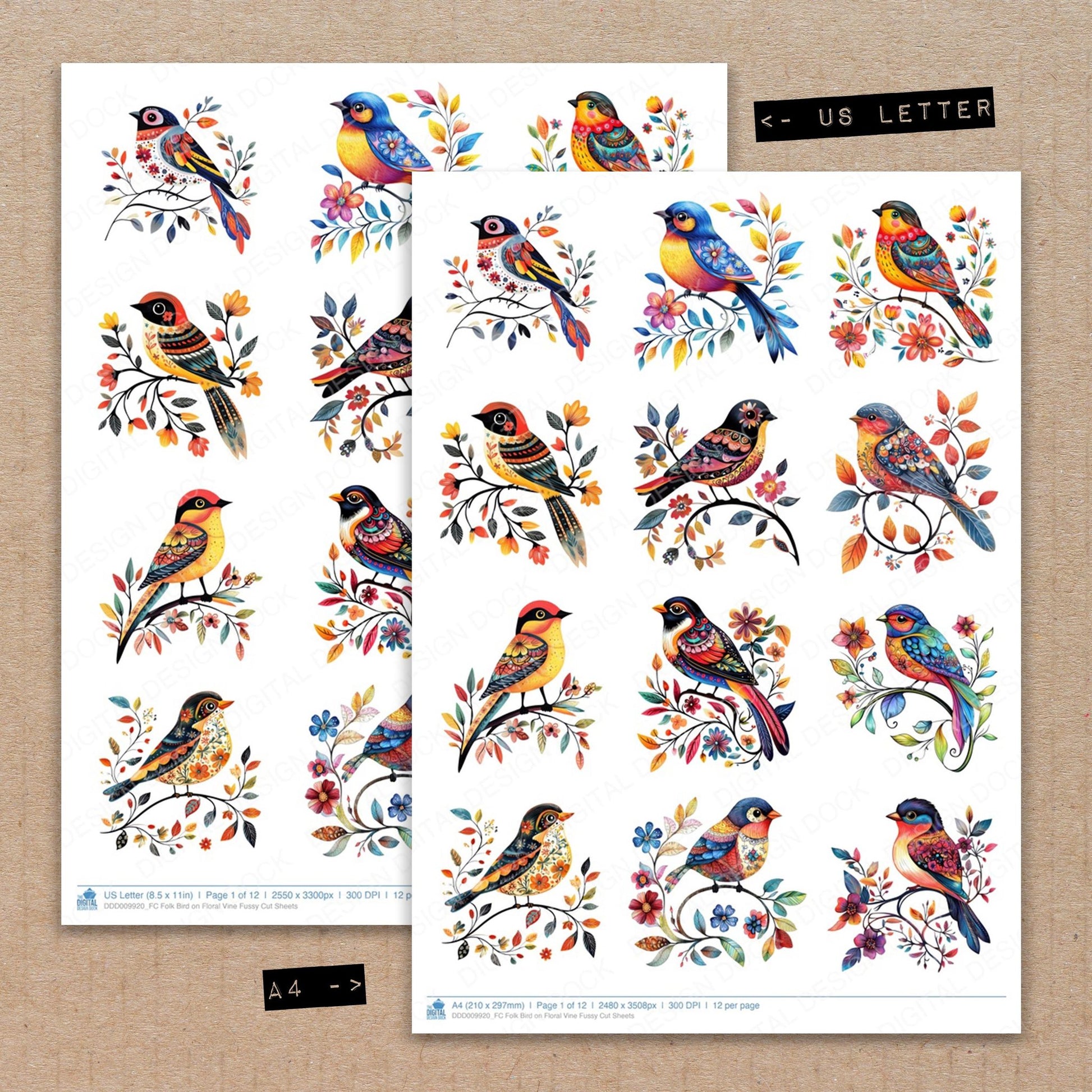 A4 and US Letter format comparison showing Folk Bird on Floral Vine fussy cut pages for print and cut crafting
