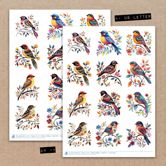 A4 and US Letter format comparison showing Folk Bird on Floral Vine fussy cut pages for print and cut crafting