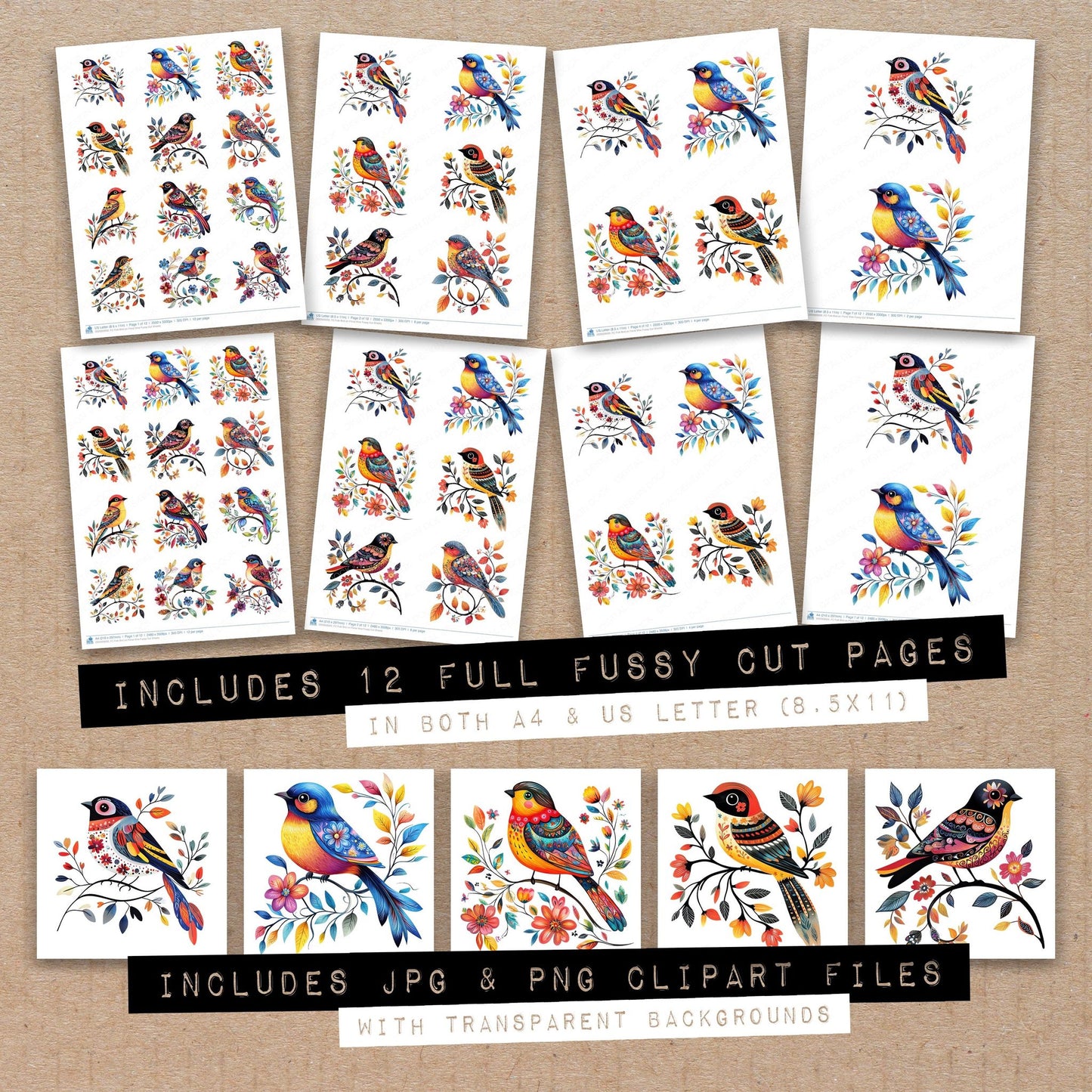 Full collection view of Folk Bird on Floral Vine fussy cut sheets with bonus clipart JPG and PNG files