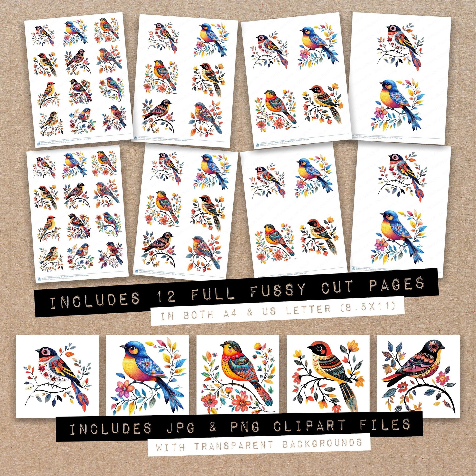 Full collection view of Folk Bird on Floral Vine fussy cut sheets with bonus clipart JPG and PNG files