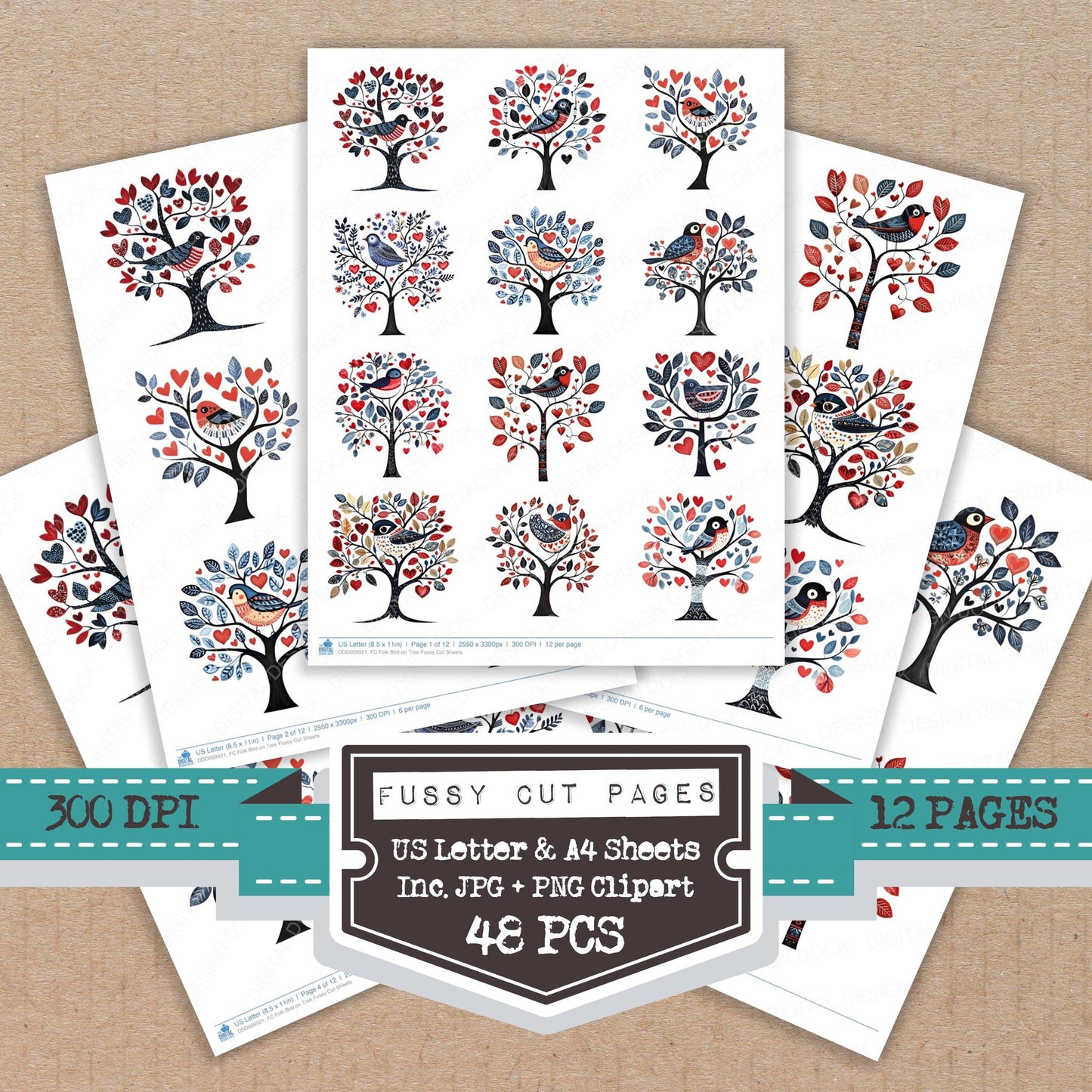 Folk Bird on Tree fussy cut printable sheets for junk journaling, scrapbooking, and paper craft projects