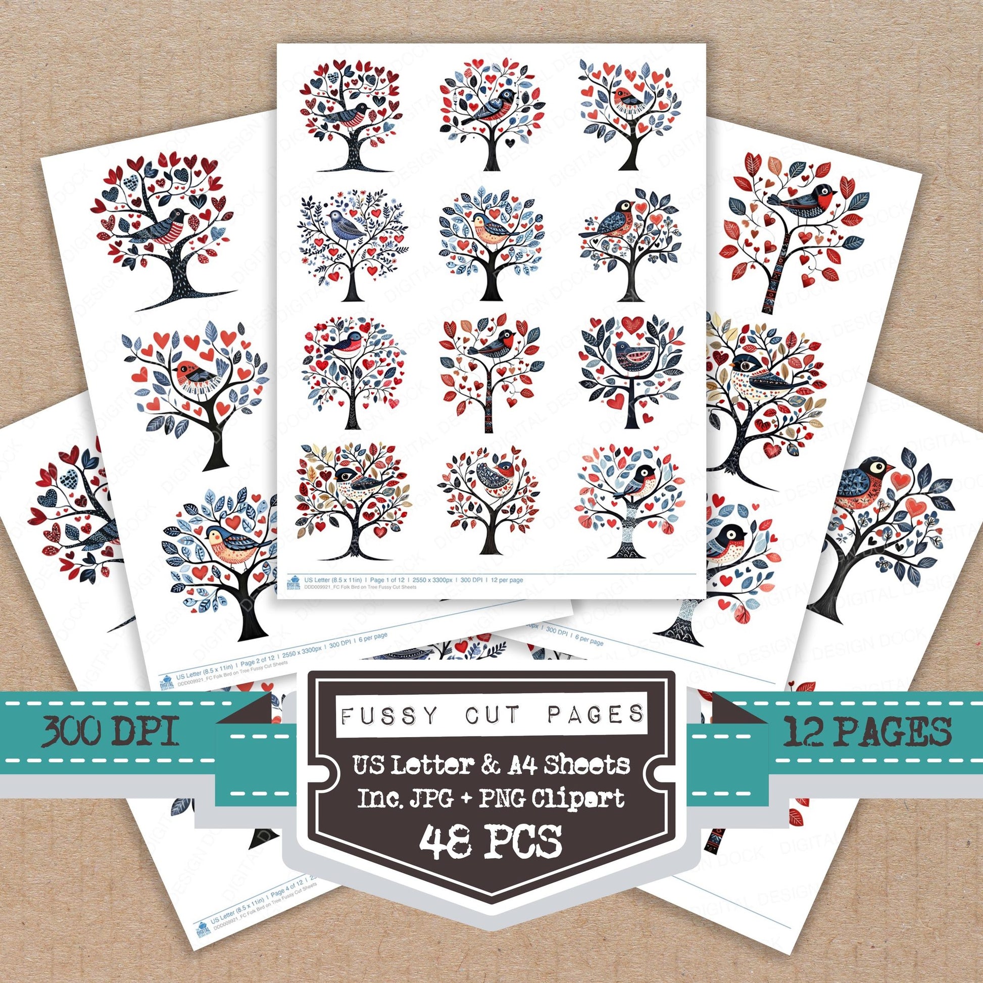 Folk Bird on Tree fussy cut printable sheets for junk journaling, scrapbooking, and paper craft projects