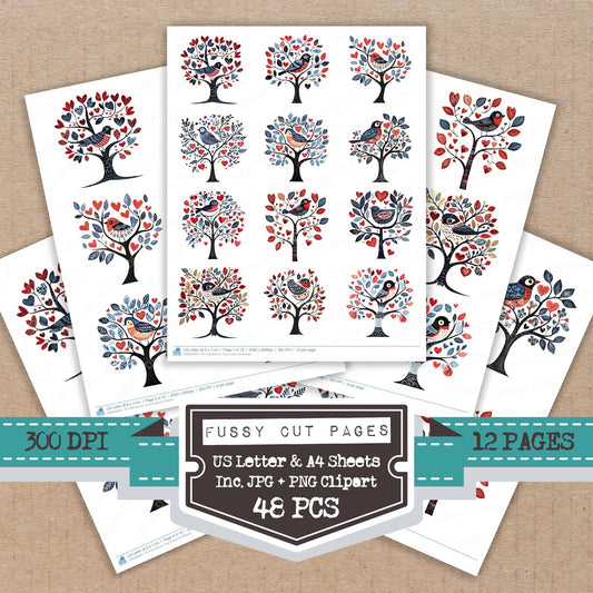 Folk Bird on Tree fussy cut printable sheets for junk journaling, scrapbooking, and paper craft projects