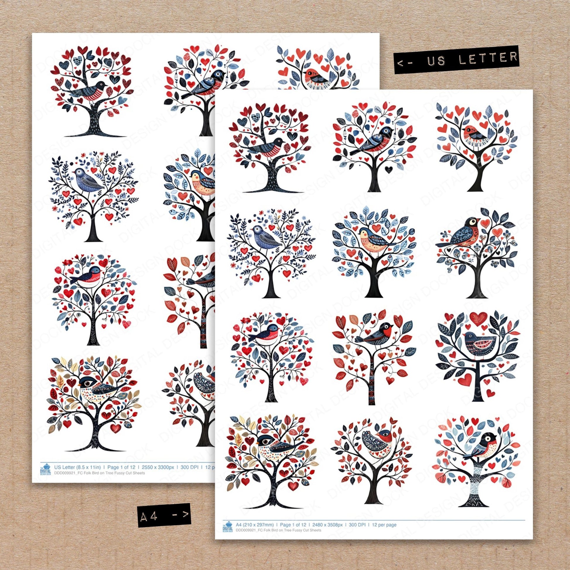 A4 and US Letter format comparison showing Folk Bird on Tree fussy cut pages for print and cut crafting