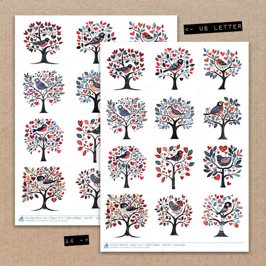 A4 and US Letter format comparison showing Folk Bird on Tree fussy cut pages for print and cut crafting