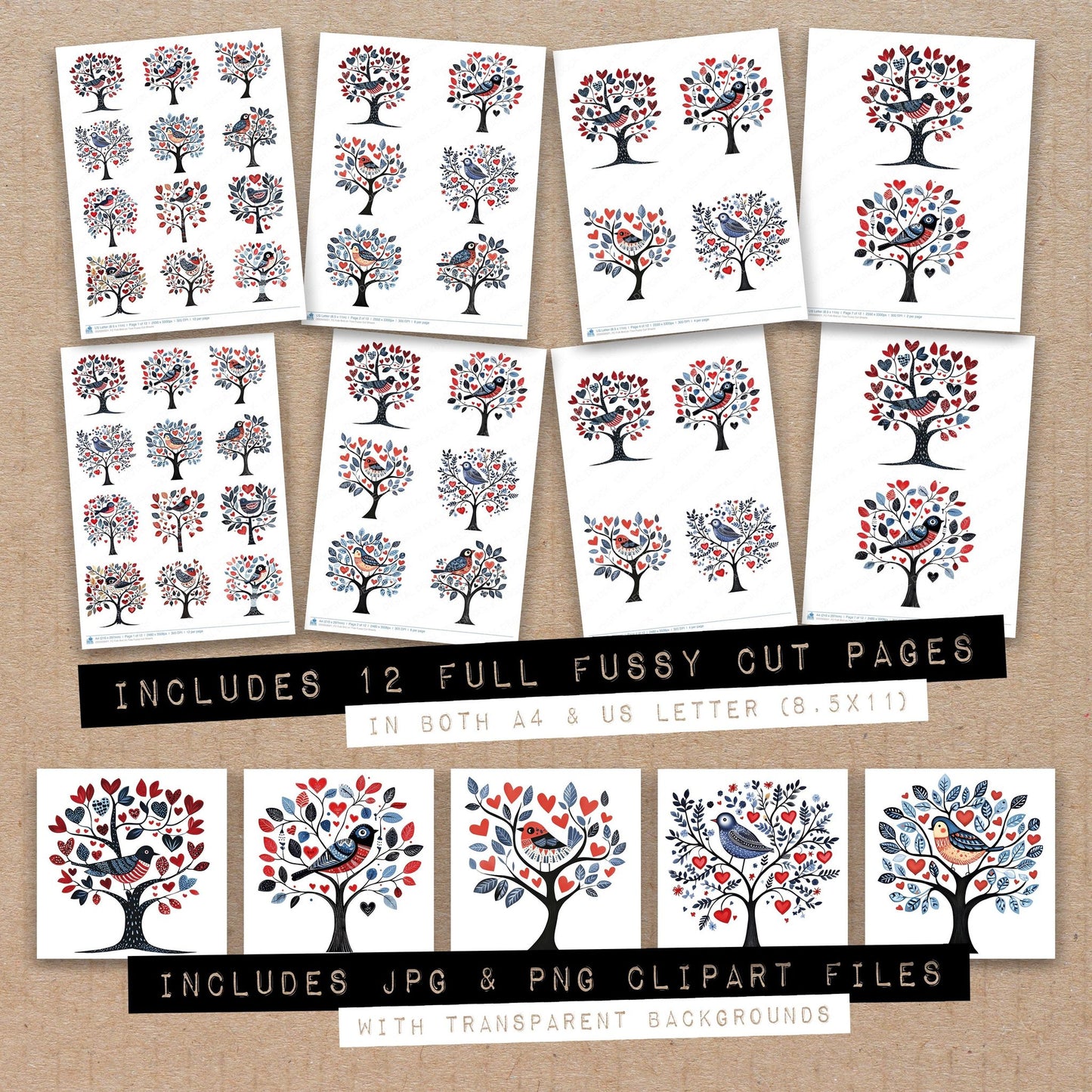 Full collection view of Folk Bird on Tree fussy cut sheets with bonus clipart JPG and PNG files