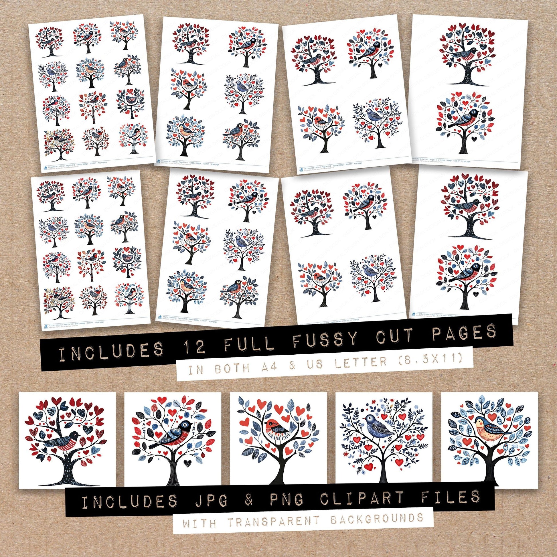 Full collection view of Folk Bird on Tree fussy cut sheets with bonus clipart JPG and PNG files