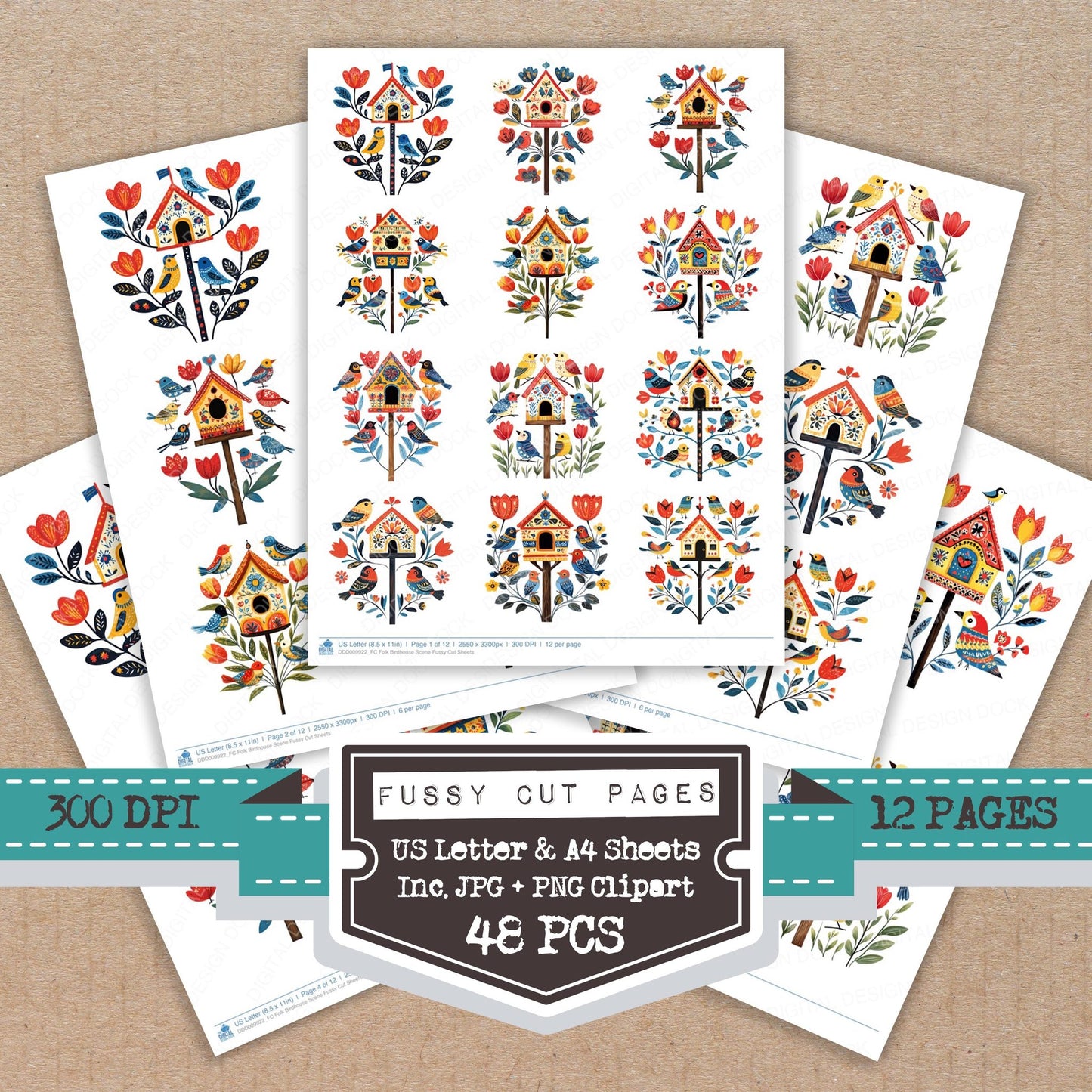 Folk Birdhouse Scene fussy cut printable sheets for junk journaling, scrapbooking, and paper craft projects