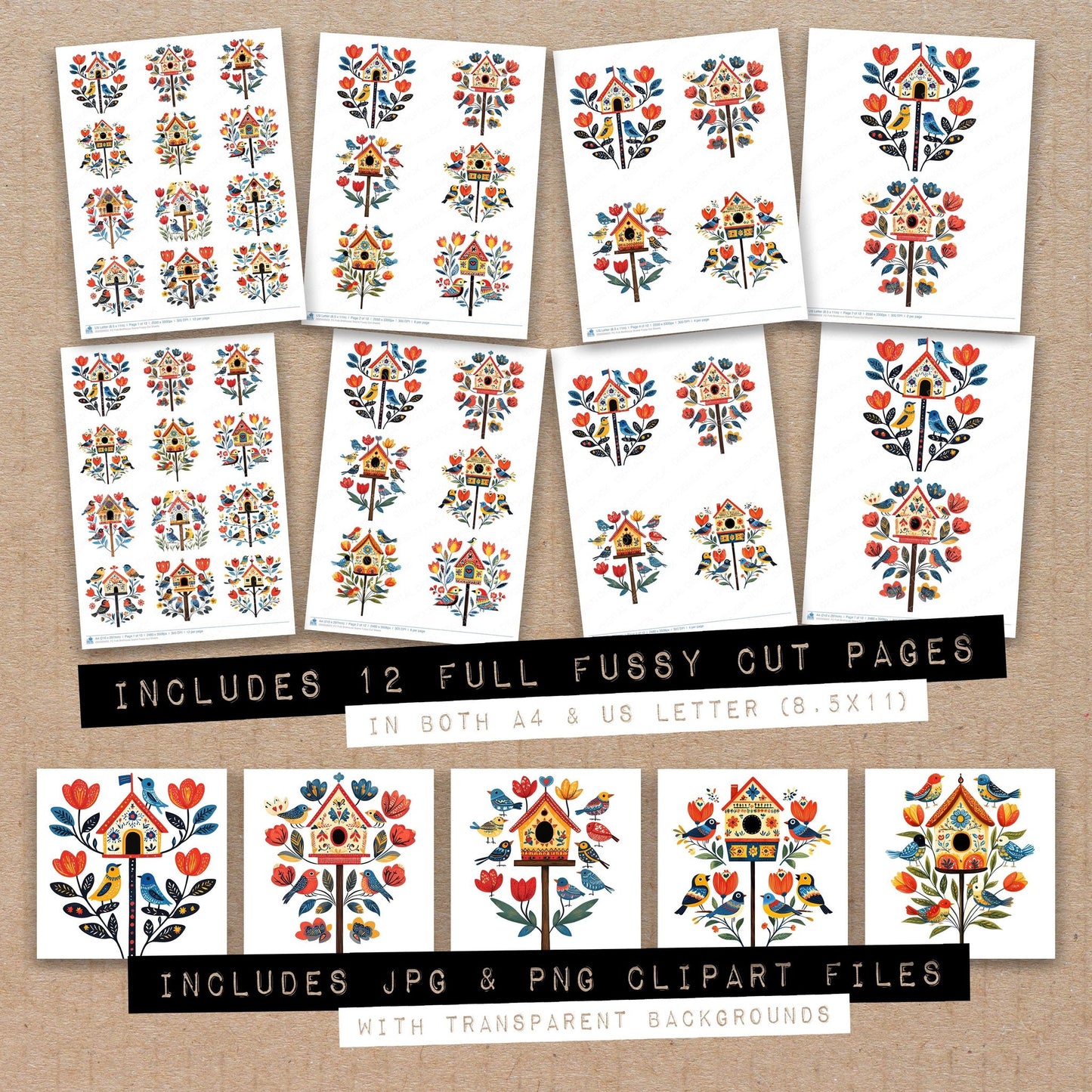 Full collection view of Folk Birdhouse Scene fussy cut sheets with bonus clipart JPG and PNG files