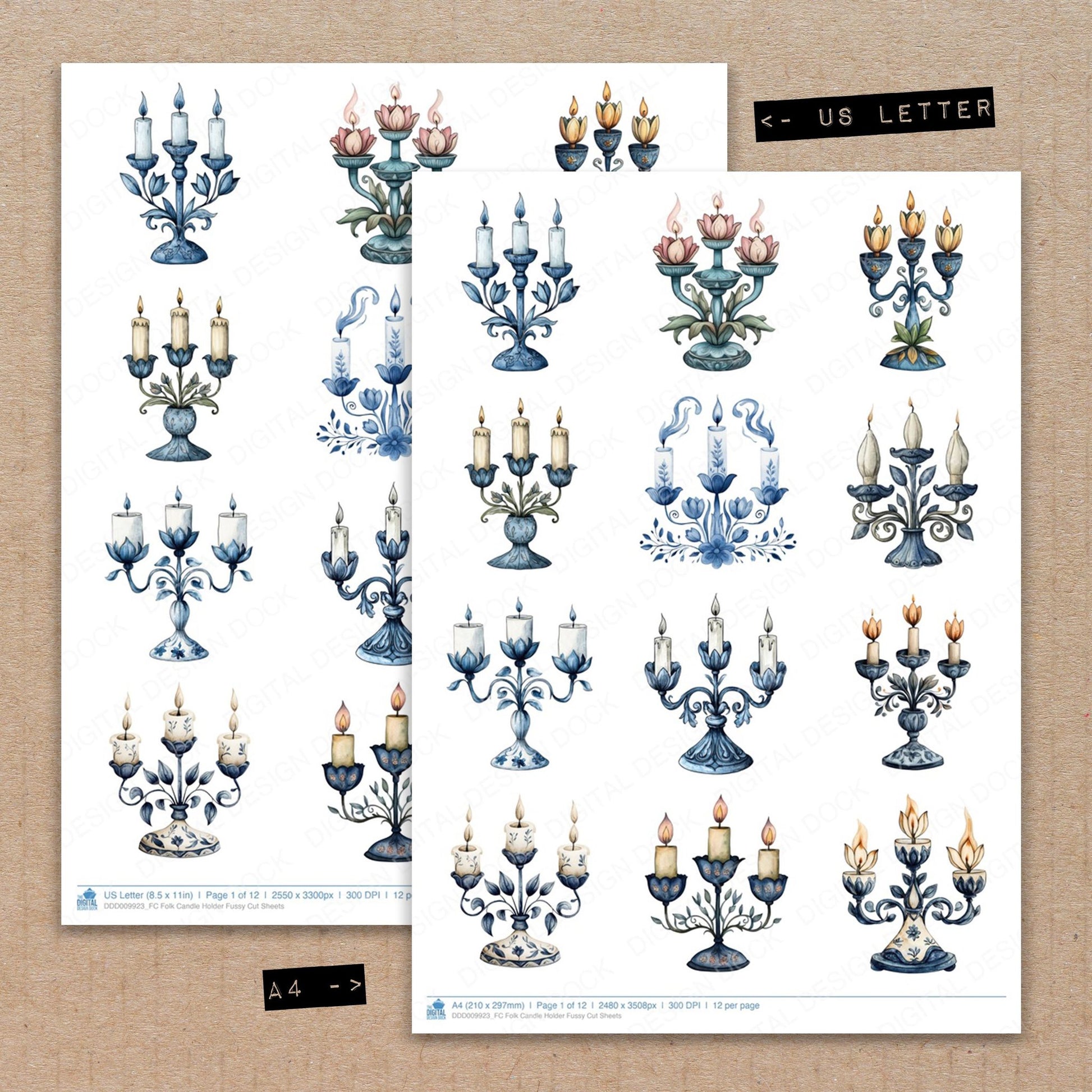 A4 and US Letter format comparison showing Folk Candle Holder fussy cut pages for print and cut crafting