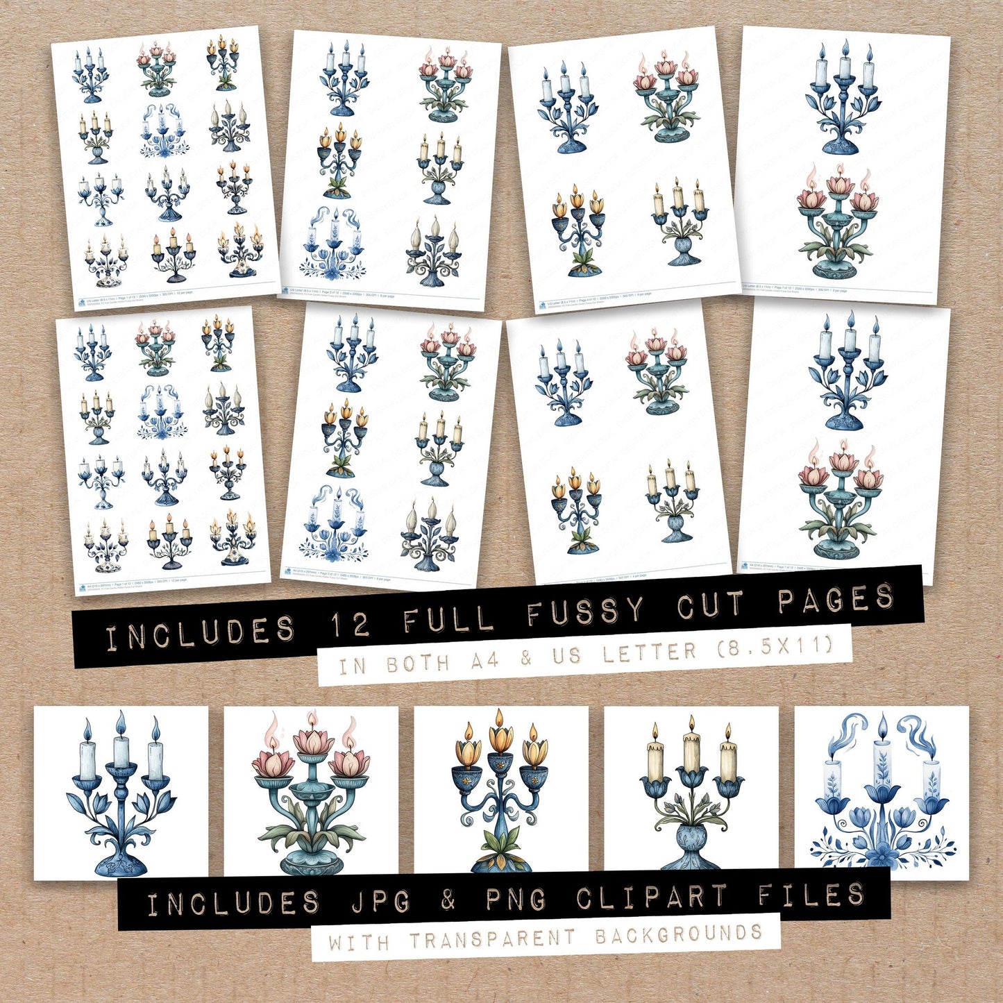 Full collection view of Folk Candle Holder fussy cut sheets with bonus clipart JPG and PNG files