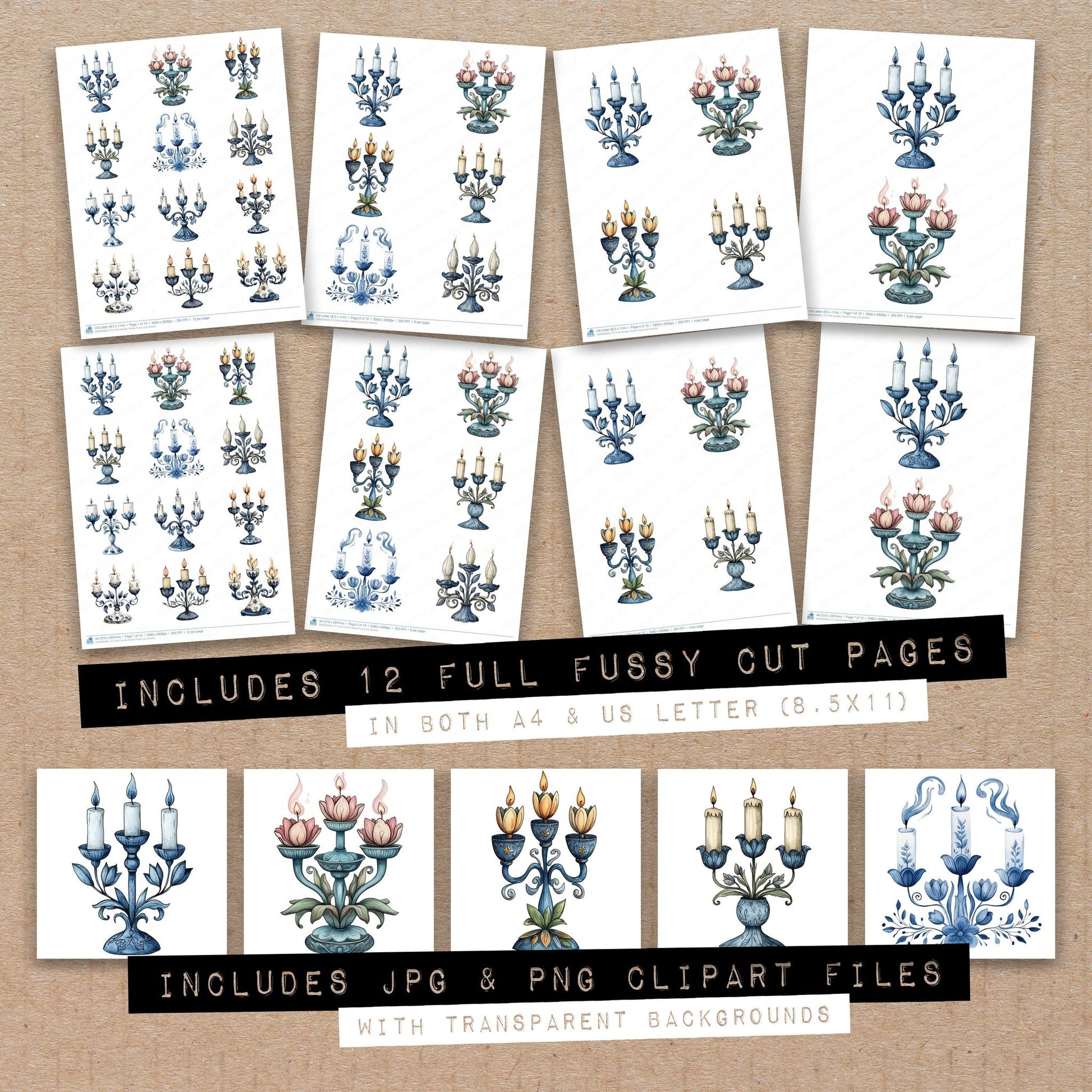 Full collection view of Folk Candle Holder fussy cut sheets with bonus clipart JPG and PNG files