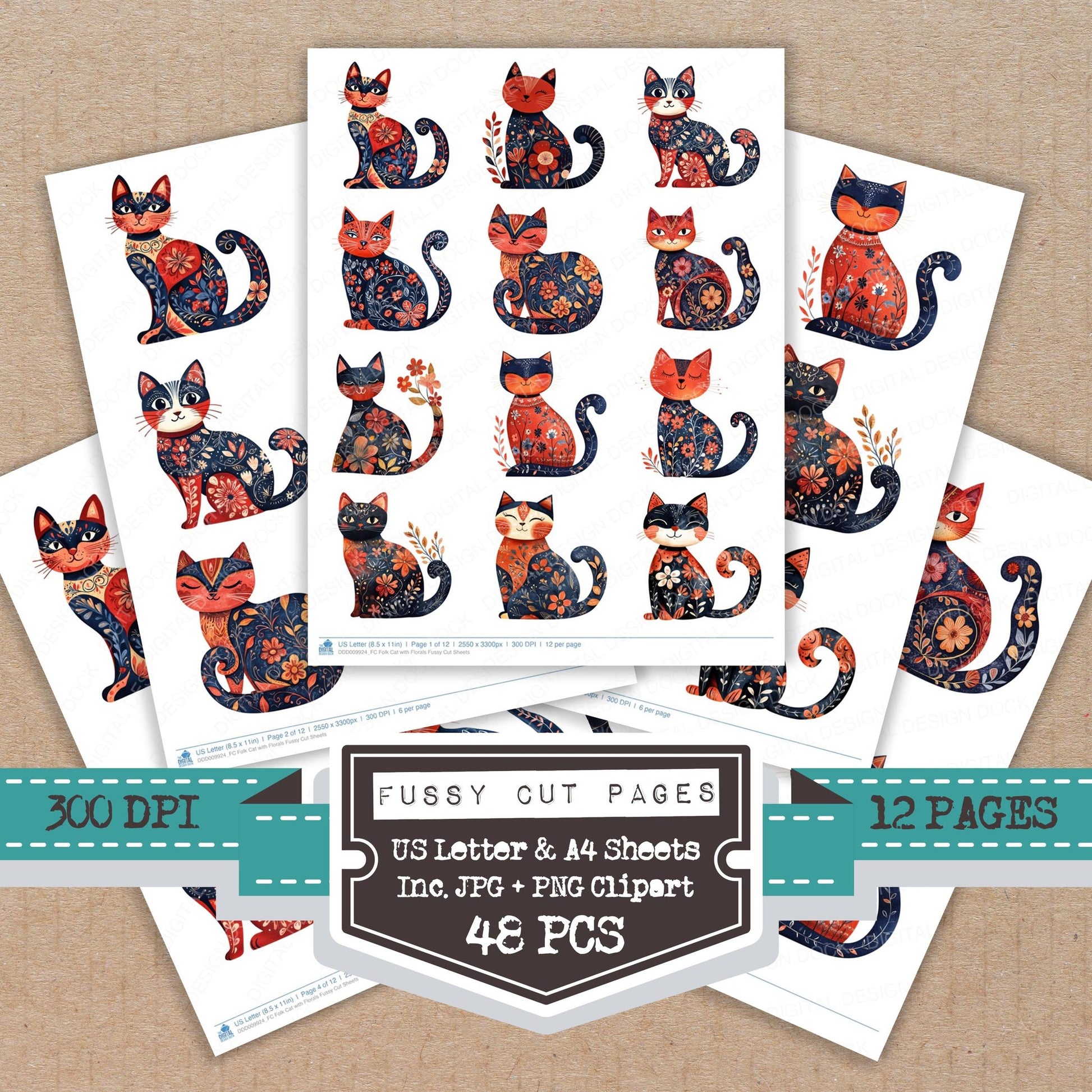 Folk Cat with Florals fussy cut printable sheets for junk journaling, scrapbooking, and paper craft projects