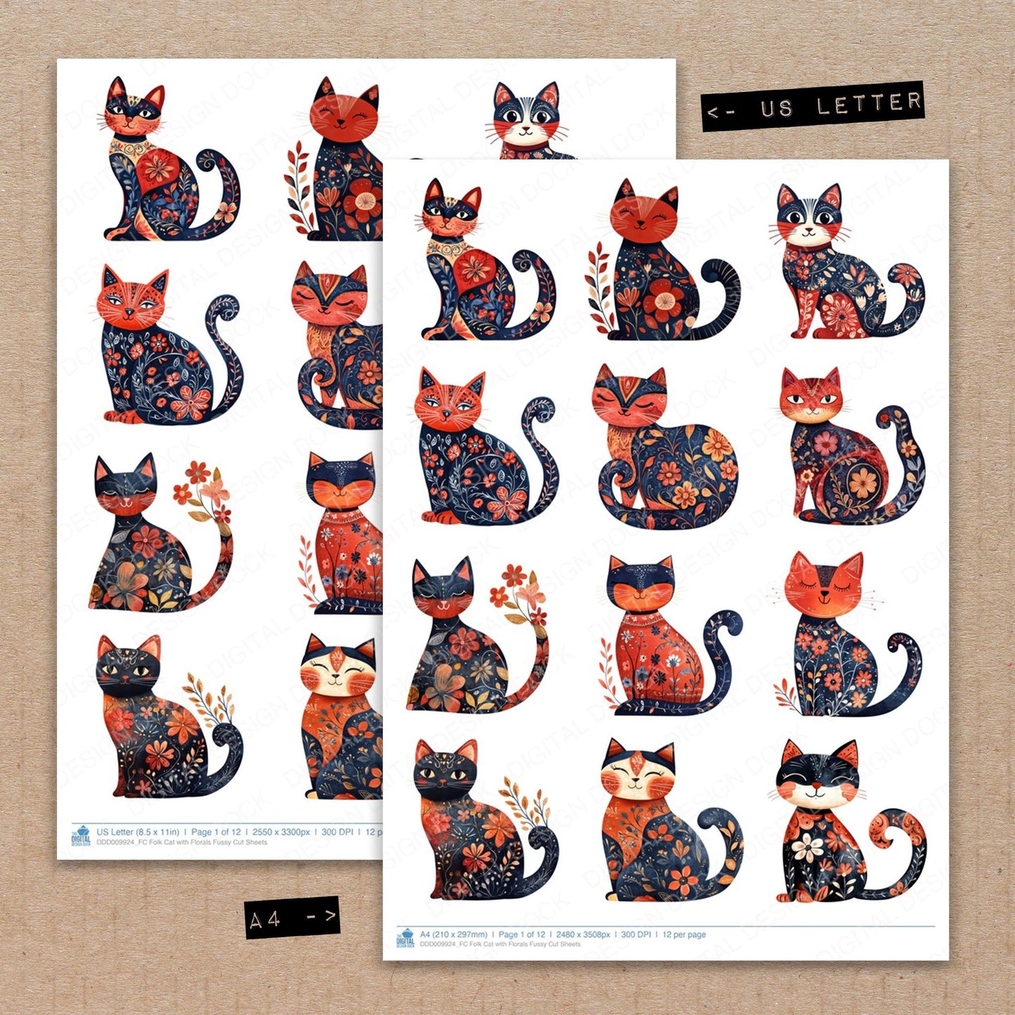 A4 and US Letter format comparison showing Folk Cat with Florals fussy cut pages for print and cut crafting