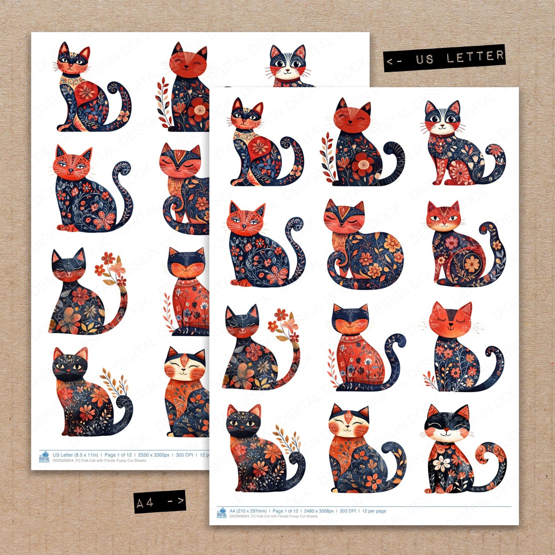 A4 and US Letter format comparison showing Folk Cat with Florals fussy cut pages for print and cut crafting