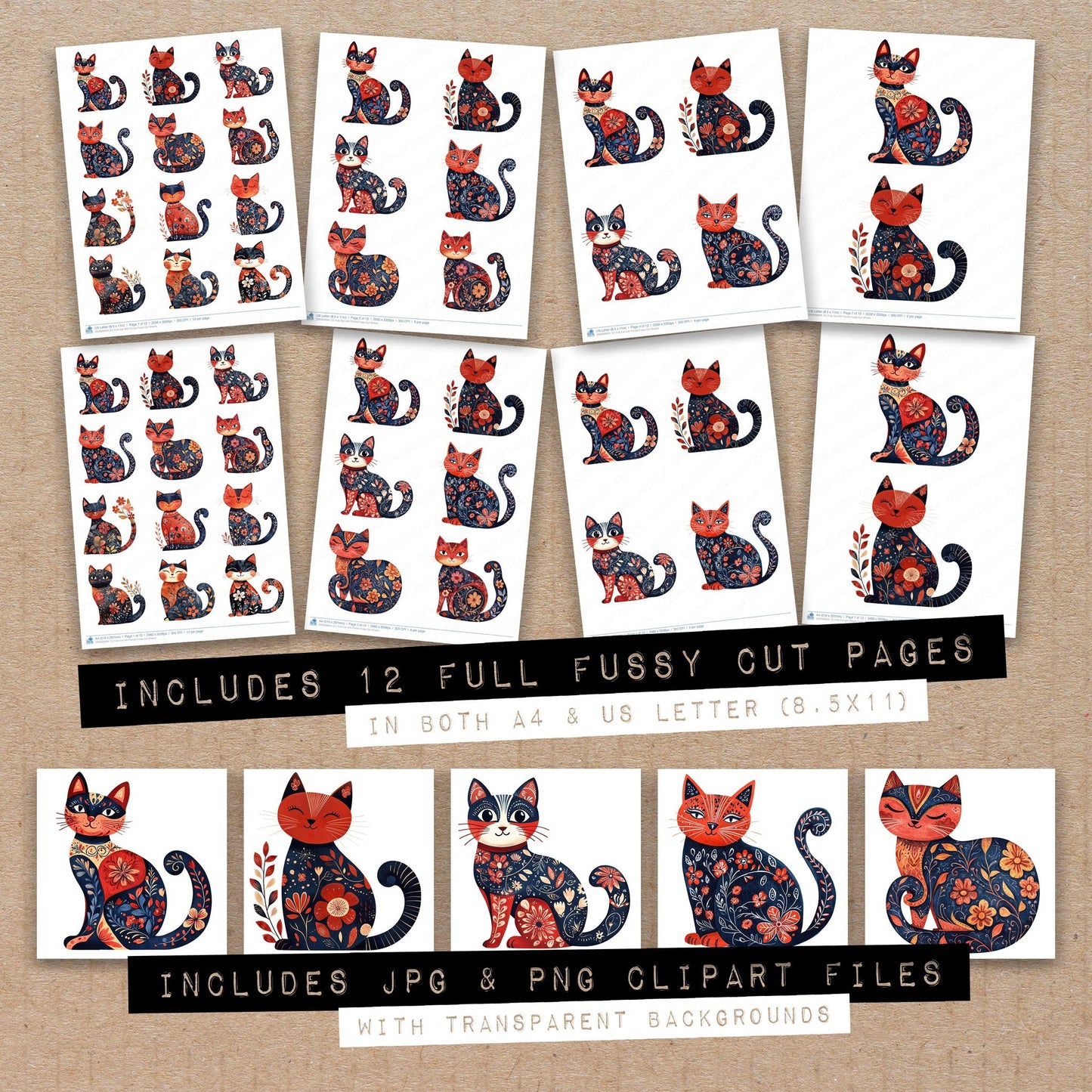 Full collection view of Folk Cat with Florals fussy cut sheets with bonus clipart JPG and PNG files