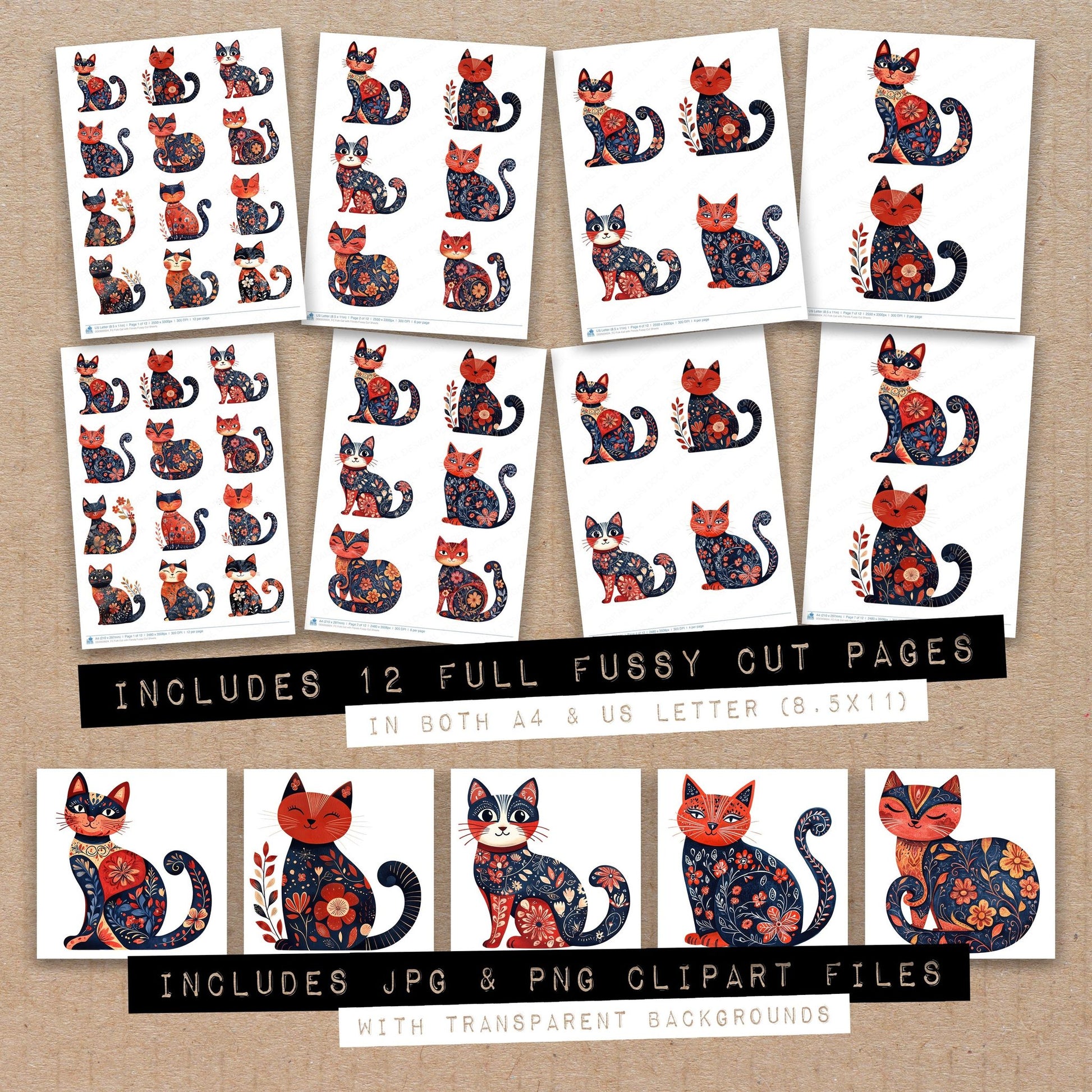 Full collection view of Folk Cat with Florals fussy cut sheets with bonus clipart JPG and PNG files