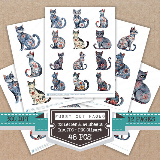 Folk Cat with Symbols fussy cut printable sheets for junk journaling, scrapbooking, and paper craft projects