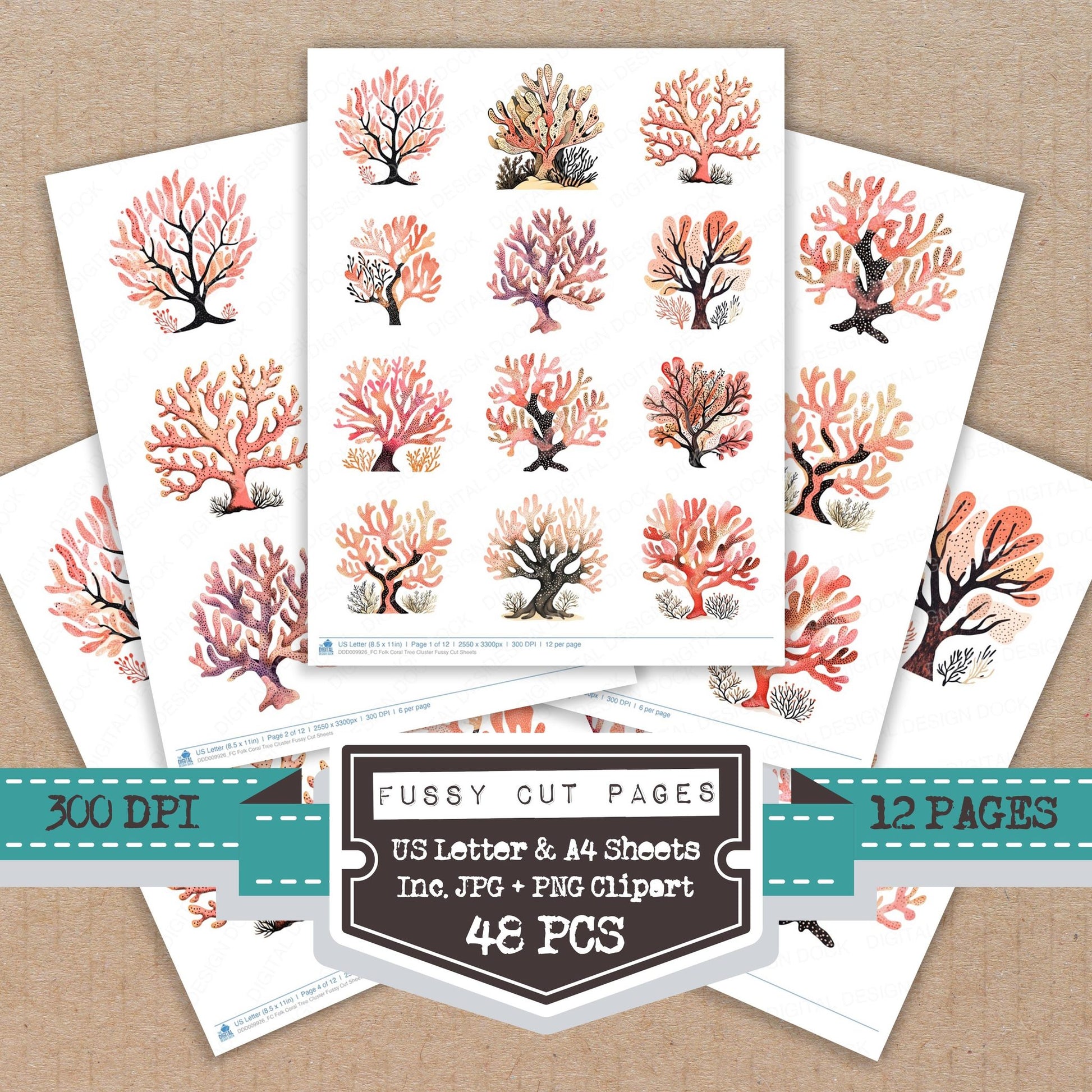Folk Coral Tree Cluster fussy cut printable sheets for junk journaling, scrapbooking, and paper craft projects