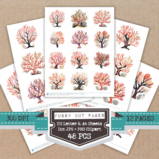 Folk Coral Tree Cluster fussy cut printable sheets for junk journaling, scrapbooking, and paper craft projects