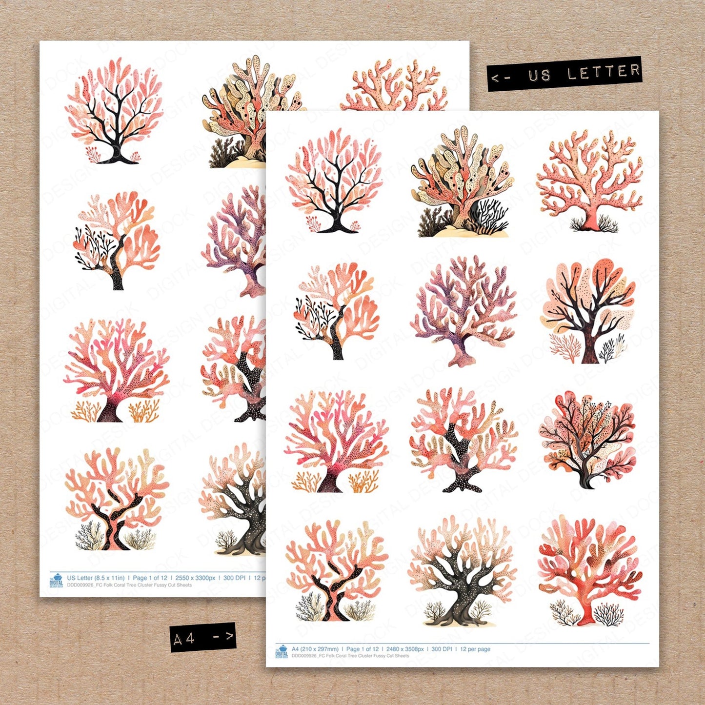 A4 and US Letter format comparison showing Folk Coral Tree Cluster fussy cut pages for print and cut crafting