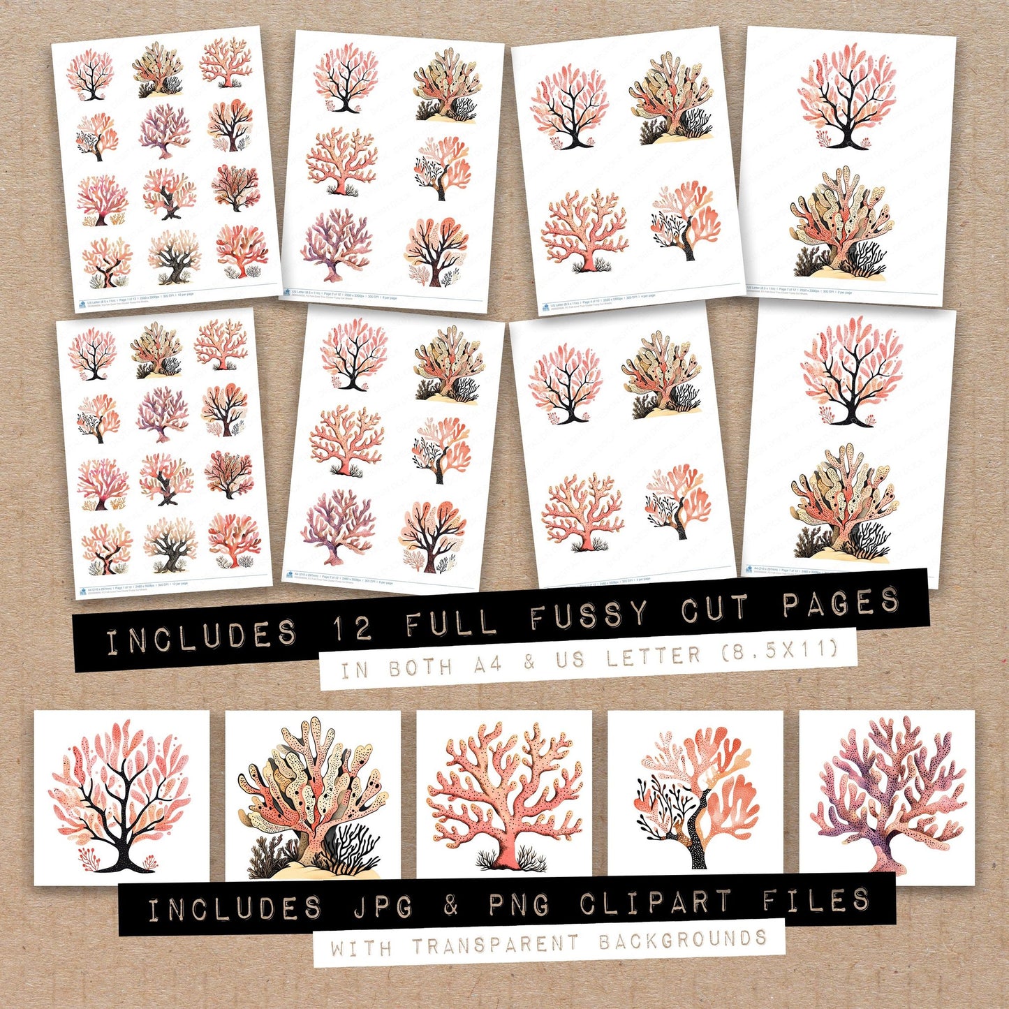Full collection view of Folk Coral Tree Cluster fussy cut sheets with bonus clipart JPG and PNG files