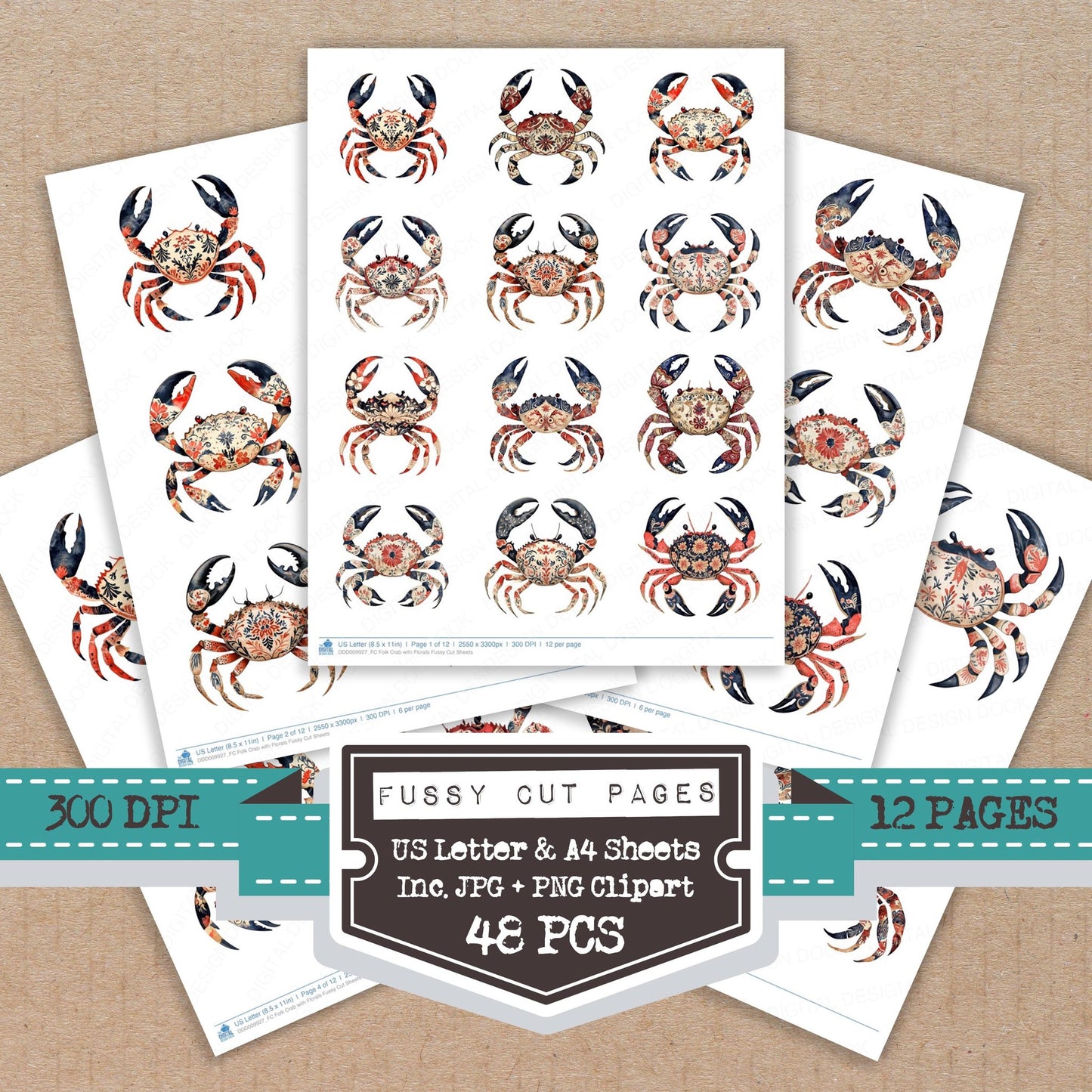 Folk Crab with Florals fussy cut printable sheets for junk journaling, scrapbooking, and paper craft projects