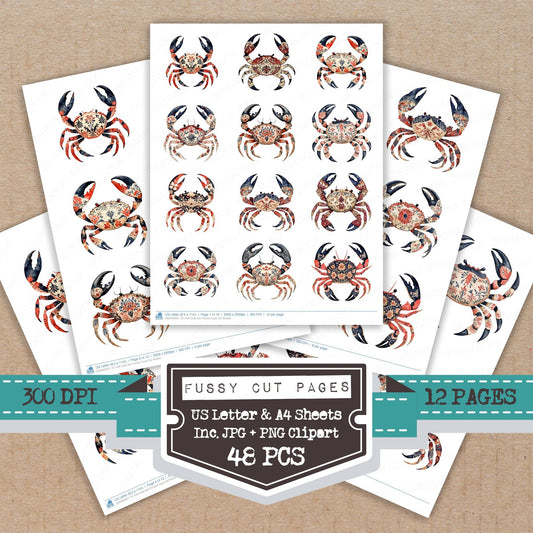 Folk Crab with Florals fussy cut printable sheets for junk journaling, scrapbooking, and paper craft projects