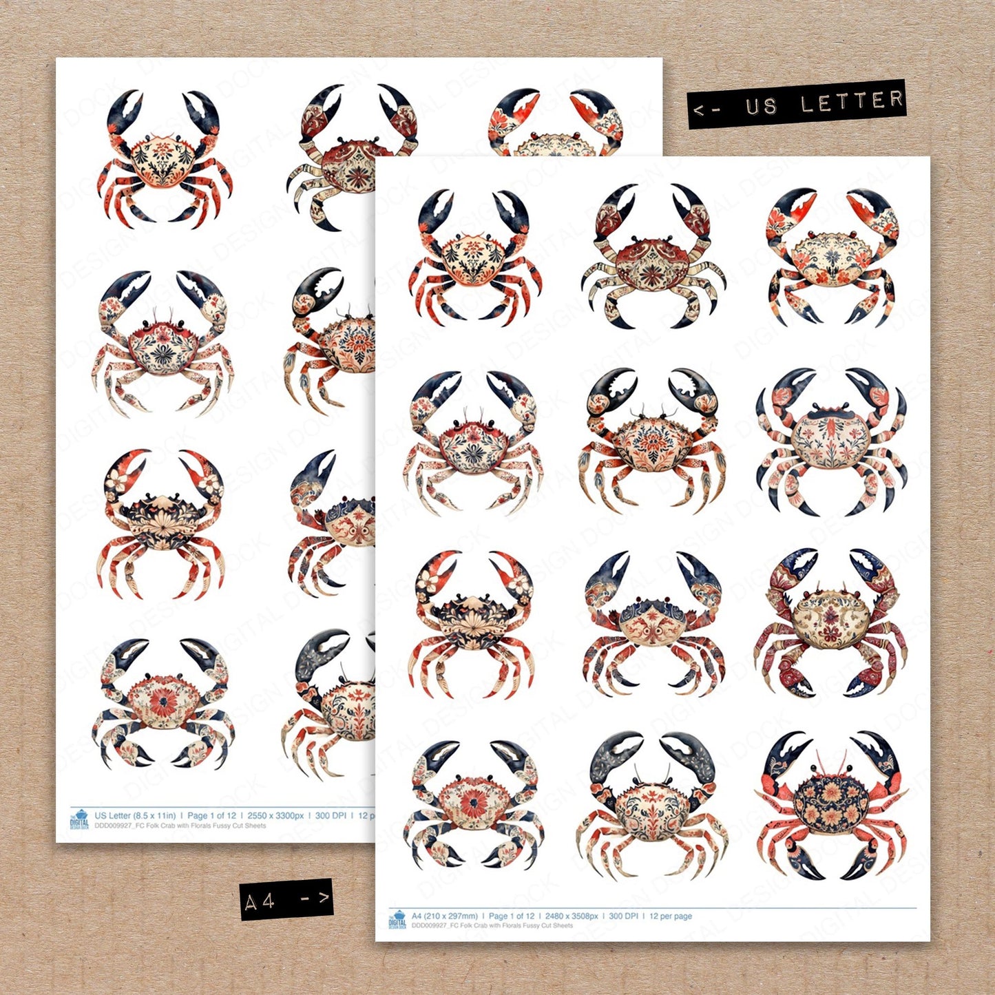 A4 and US Letter format comparison showing Folk Crab with Florals fussy cut pages for print and cut crafting