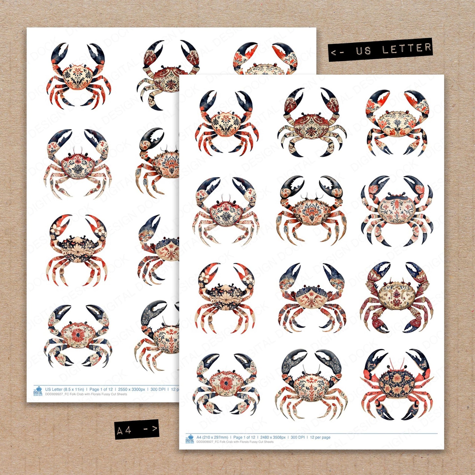 A4 and US Letter format comparison showing Folk Crab with Florals fussy cut pages for print and cut crafting