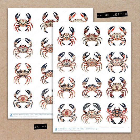 A4 and US Letter format comparison showing Folk Crab with Florals fussy cut pages for print and cut crafting