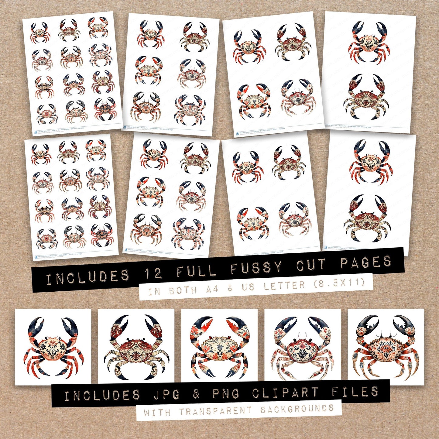 Full collection view of Folk Crab with Florals fussy cut sheets with bonus clipart JPG and PNG files