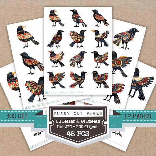 Folk Crow with Patterns fussy cut printable sheets for junk journaling, scrapbooking, and paper craft projects