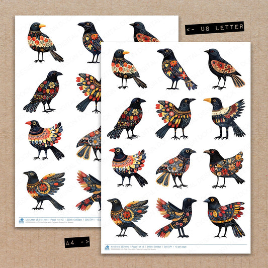 A4 and US Letter format comparison showing Folk Crow with Patterns fussy cut pages for print and cut crafting