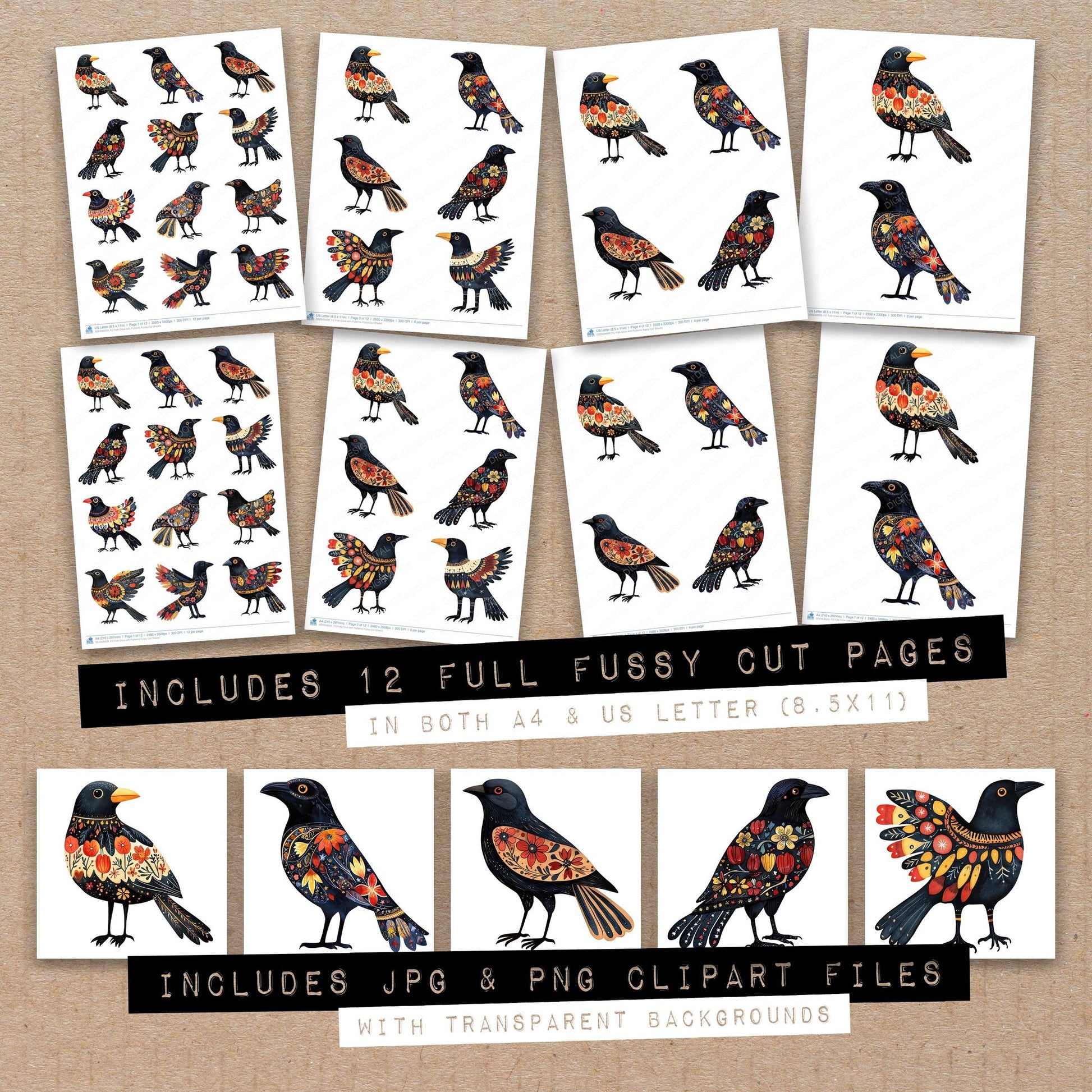 Full collection view of Folk Crow with Patterns fussy cut sheets with bonus clipart JPG and PNG files