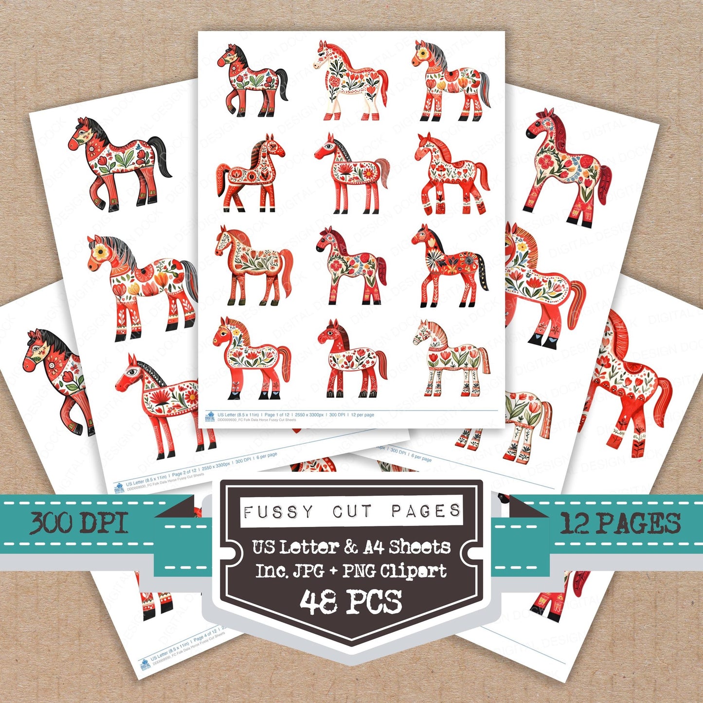 Folk Dala Horse fussy cut printable sheets for junk journaling, scrapbooking, and paper craft projects