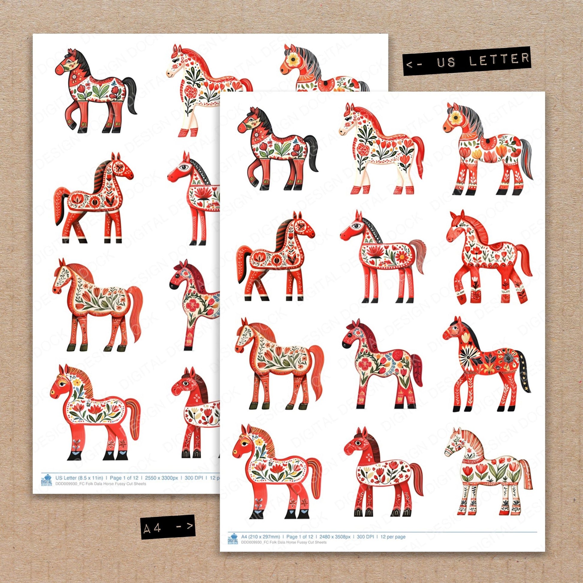 A4 and US Letter format comparison showing Folk Dala Horse fussy cut pages for print and cut crafting