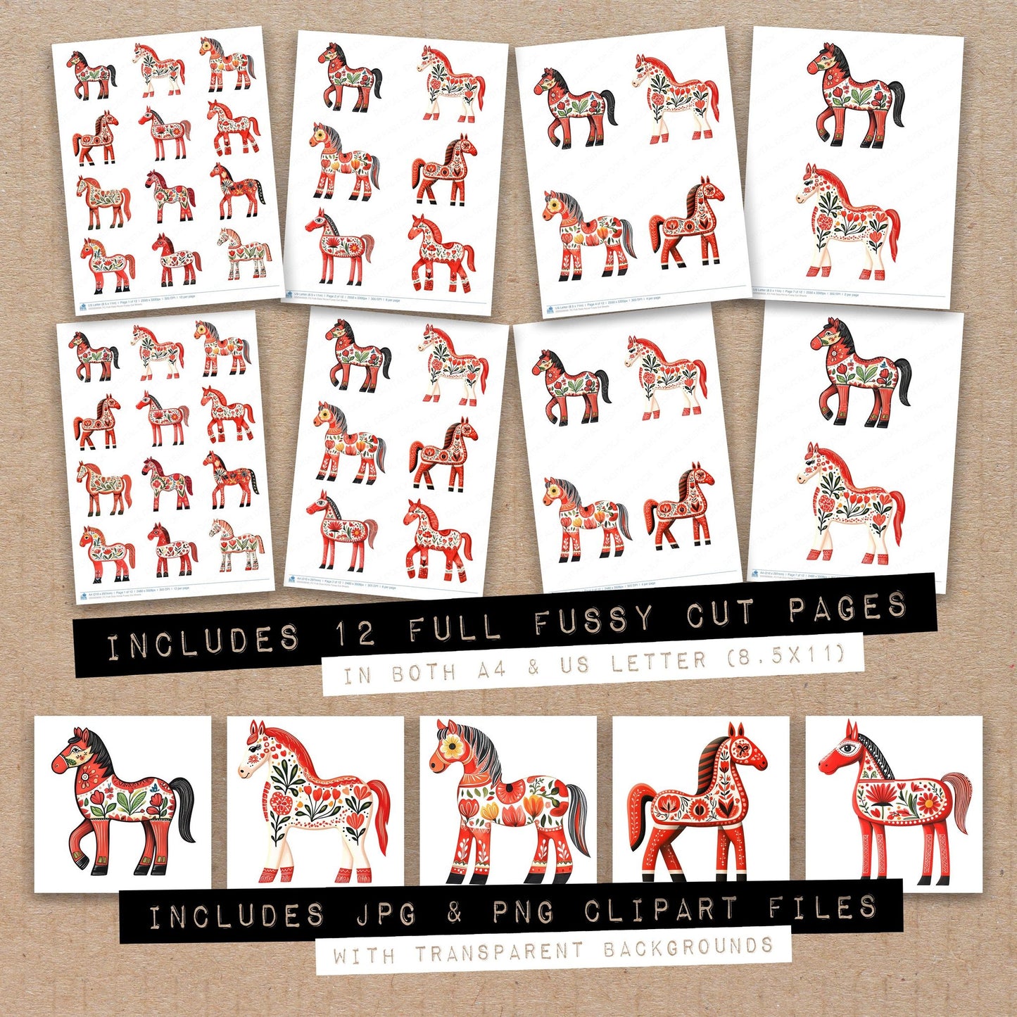 Full collection view of Folk Dala Horse fussy cut sheets with bonus clipart JPG and PNG files