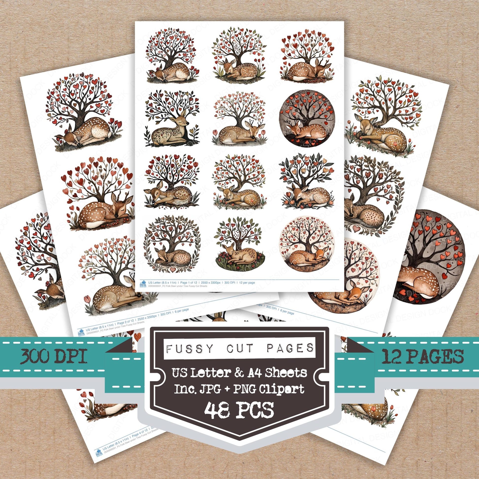 Folk Deer under Tree fussy cut printable sheets for junk journaling, scrapbooking, and paper craft projects
